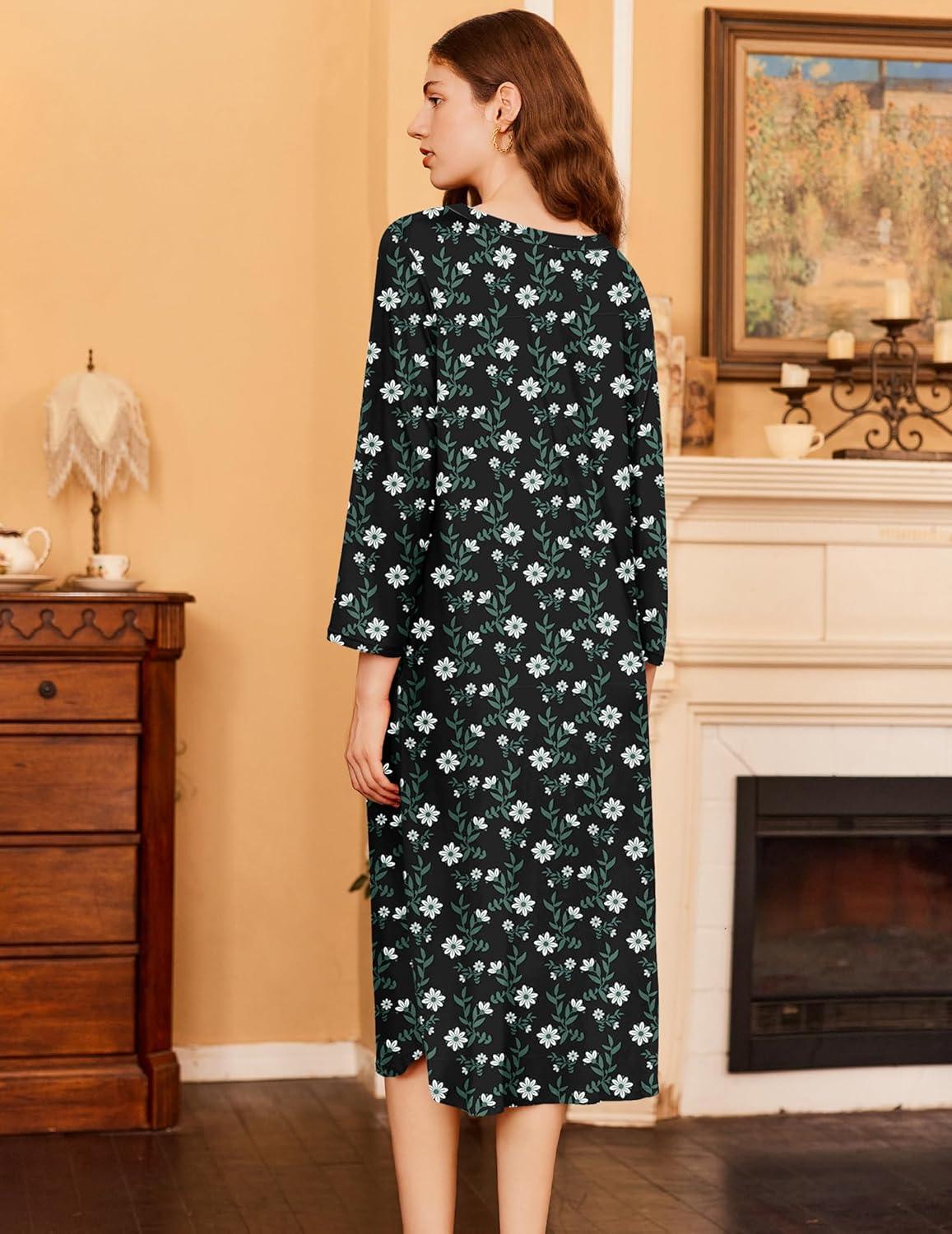 imageEkouaer Womens Long Nightgowns Plaid Sleepwear Soft Loose Nightshirt 34 Sleeve Plus Size Housecoat with Button ampamp PocketsWhite Flowers