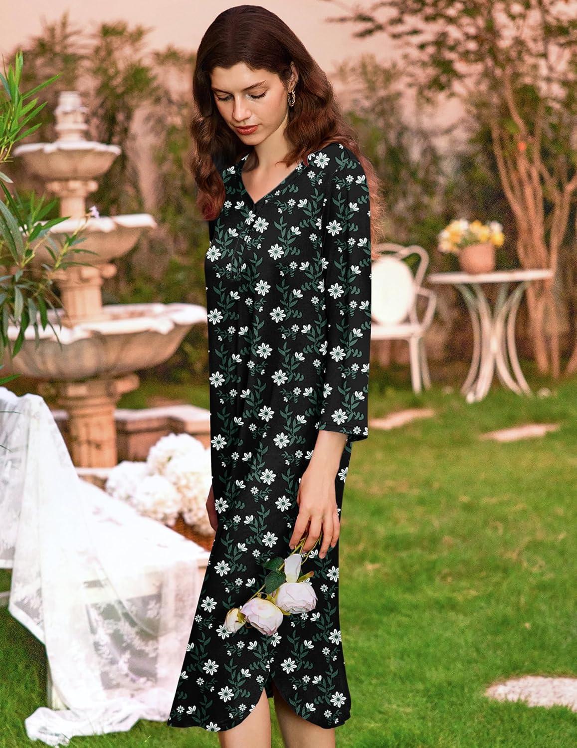 imageEkouaer Womens Long Nightgowns Plaid Sleepwear Soft Loose Nightshirt 34 Sleeve Plus Size Housecoat with Button ampamp PocketsWhite Flowers