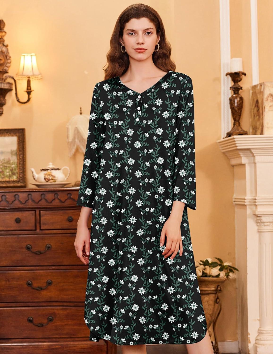 imageEkouaer Womens Long Nightgowns Plaid Sleepwear Soft Loose Nightshirt 34 Sleeve Plus Size Housecoat with Button ampamp PocketsWhite Flowers