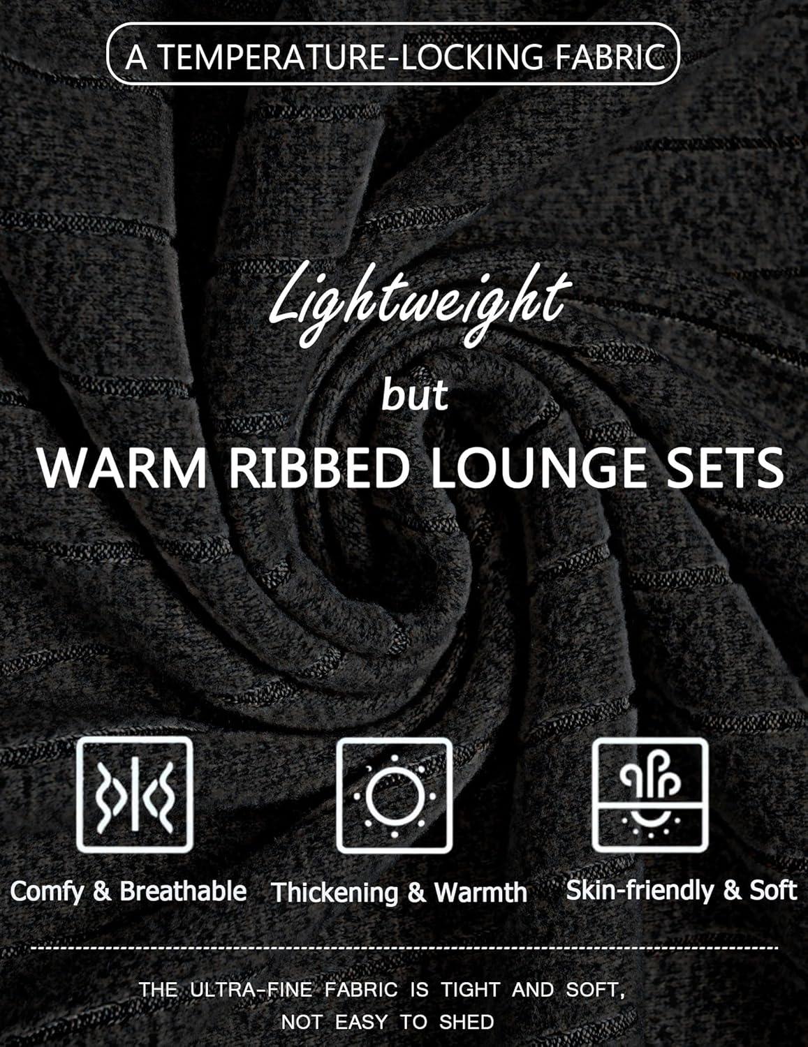 imageEkouaer Womens Pajamas Set 2 Piece Lounge Sets Ribbed Knit Button Down Pjs Set Fleece Long Sleeve SleepwearBlack