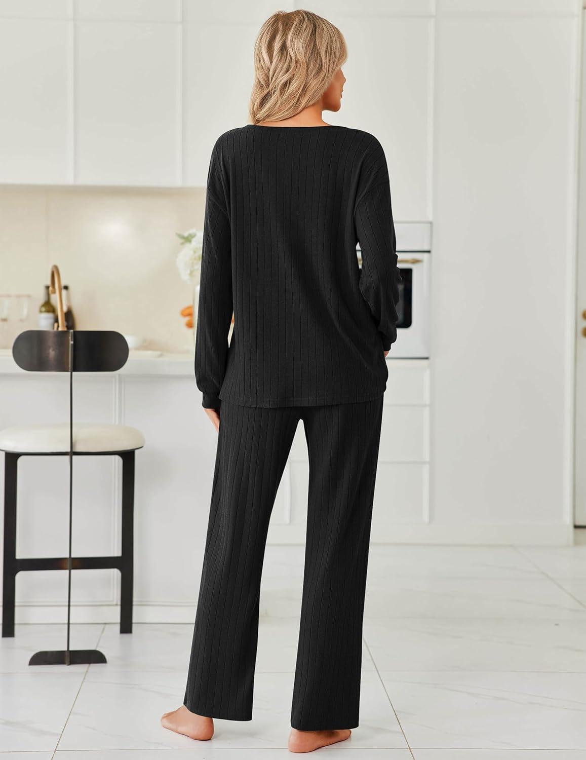 imageEkouaer Womens Pajamas Set 2 Piece Lounge Sets Ribbed Knit Button Down Pjs Set Fleece Long Sleeve SleepwearBlack