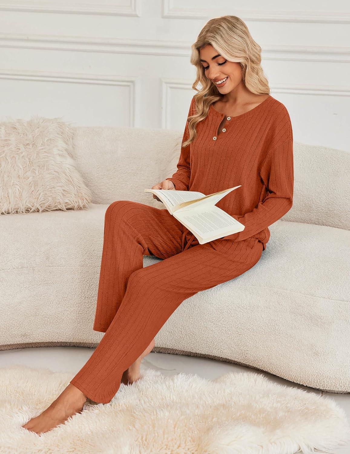 imageEkouaer Womens Pajamas Set 2 Piece Lounge Sets Ribbed Knit Button Down Pjs Set Fleece Long Sleeve SleepwearBrick Red