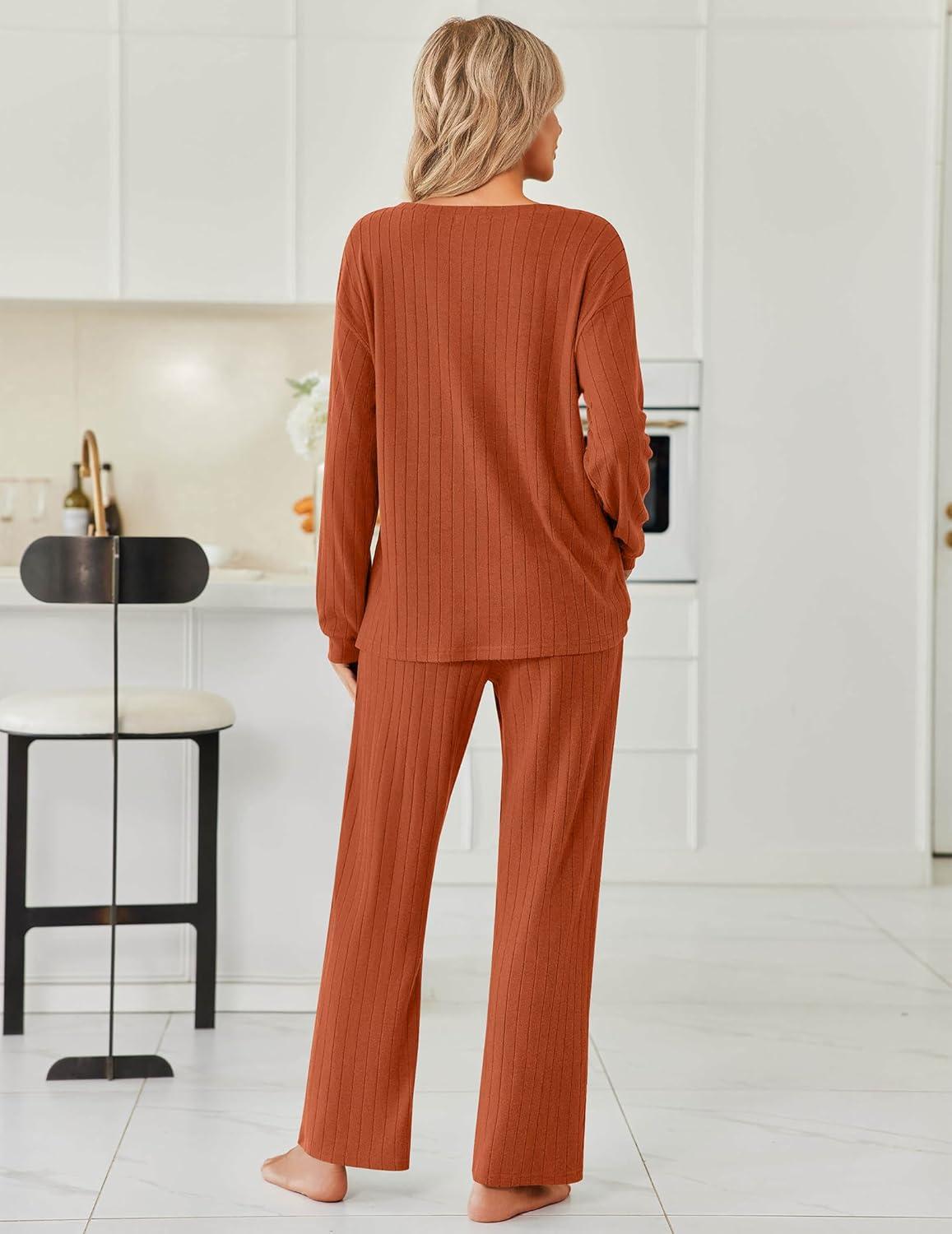 imageEkouaer Womens Pajamas Set 2 Piece Lounge Sets Ribbed Knit Button Down Pjs Set Fleece Long Sleeve SleepwearBrick Red