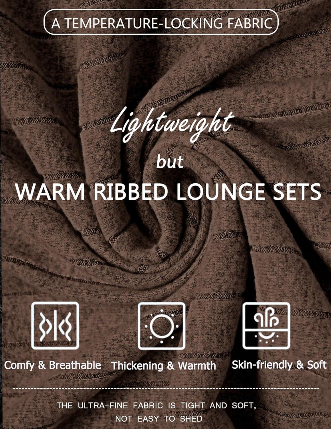 imageEkouaer Womens Pajamas Set 2 Piece Lounge Sets Ribbed Knit Button Down Pjs Set Fleece Long Sleeve SleepwearBrown