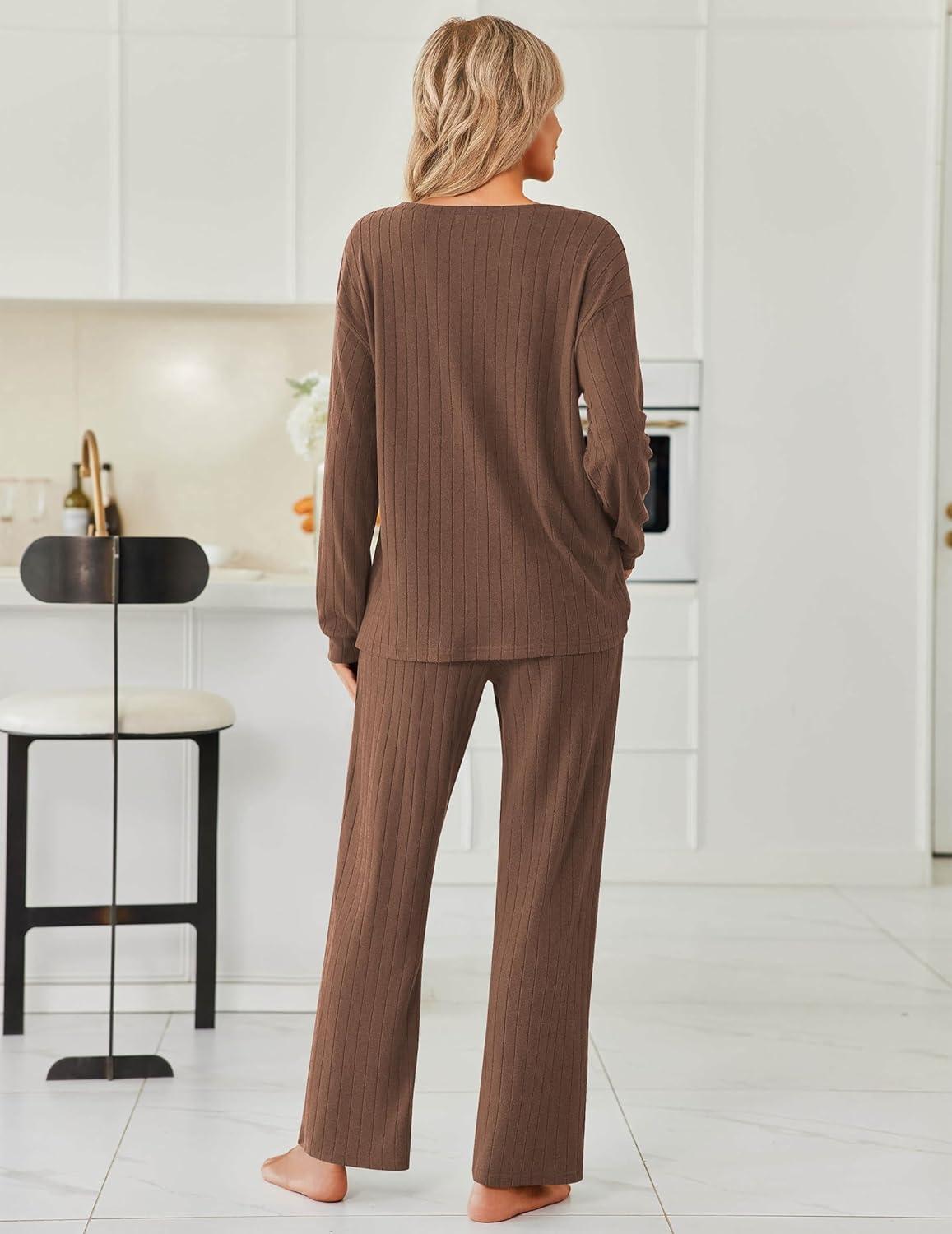 imageEkouaer Womens Pajamas Set 2 Piece Lounge Sets Ribbed Knit Button Down Pjs Set Fleece Long Sleeve SleepwearBrown