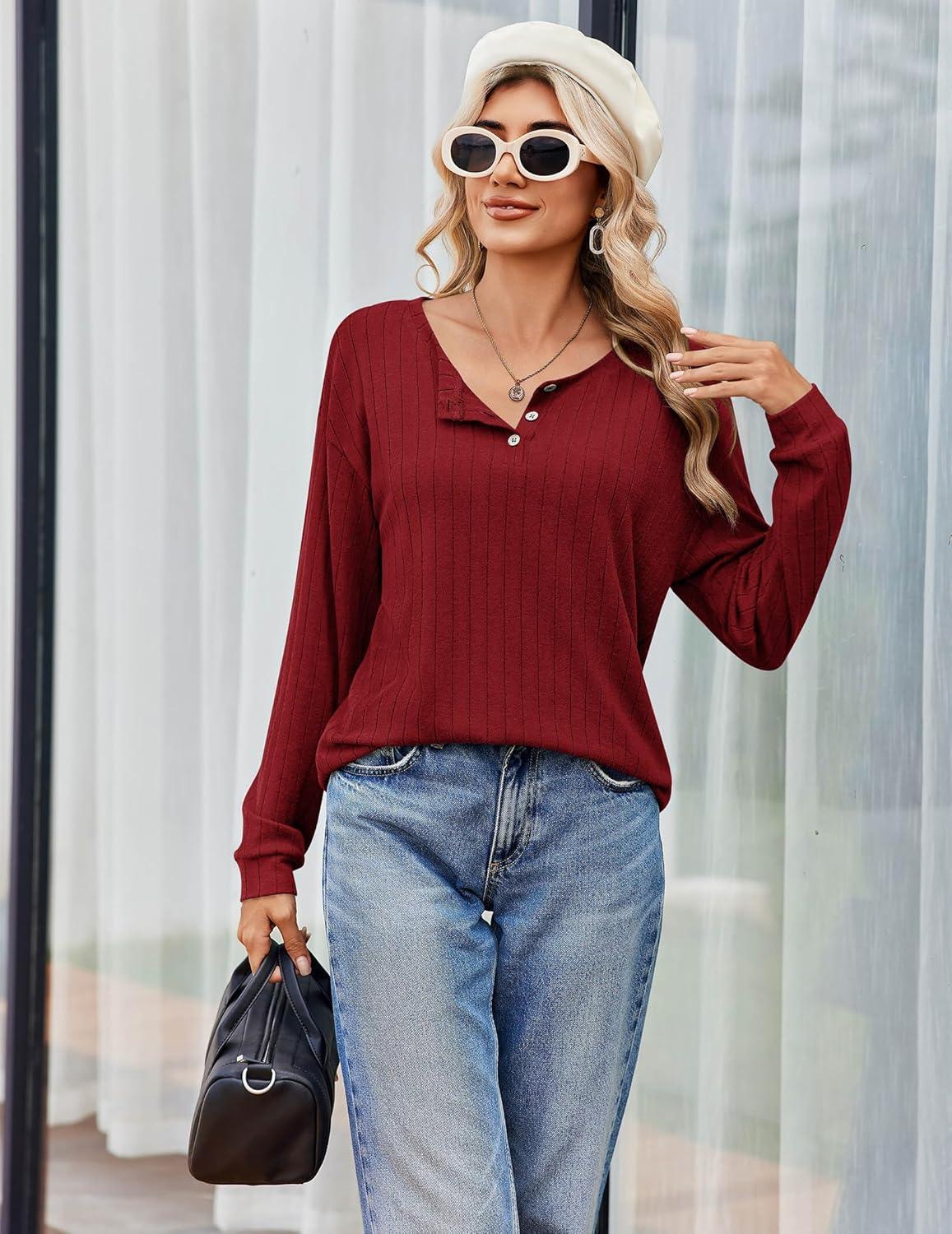 imageEkouaer Womens Pajamas Set 2 Piece Lounge Sets Ribbed Knit Button Down Pjs Set Fleece Long Sleeve SleepwearBurgundy