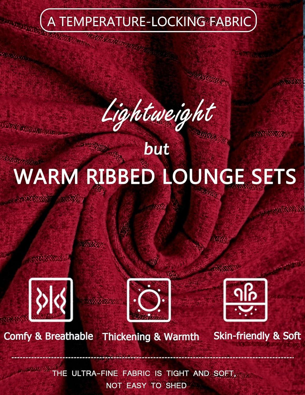 imageEkouaer Womens Pajamas Set 2 Piece Lounge Sets Ribbed Knit Button Down Pjs Set Fleece Long Sleeve SleepwearBurgundy