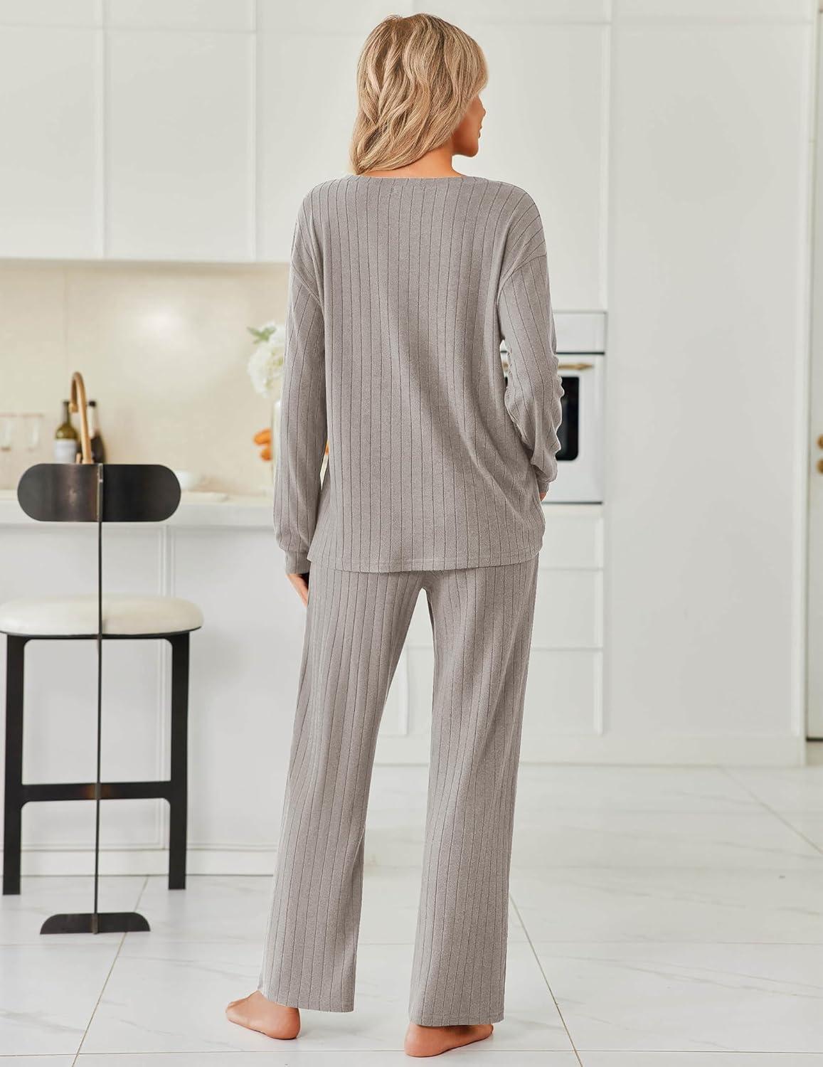 imageEkouaer Womens Pajamas Set 2 Piece Lounge Sets Ribbed Knit Button Down Pjs Set Fleece Long Sleeve SleepwearCharcoal Gray