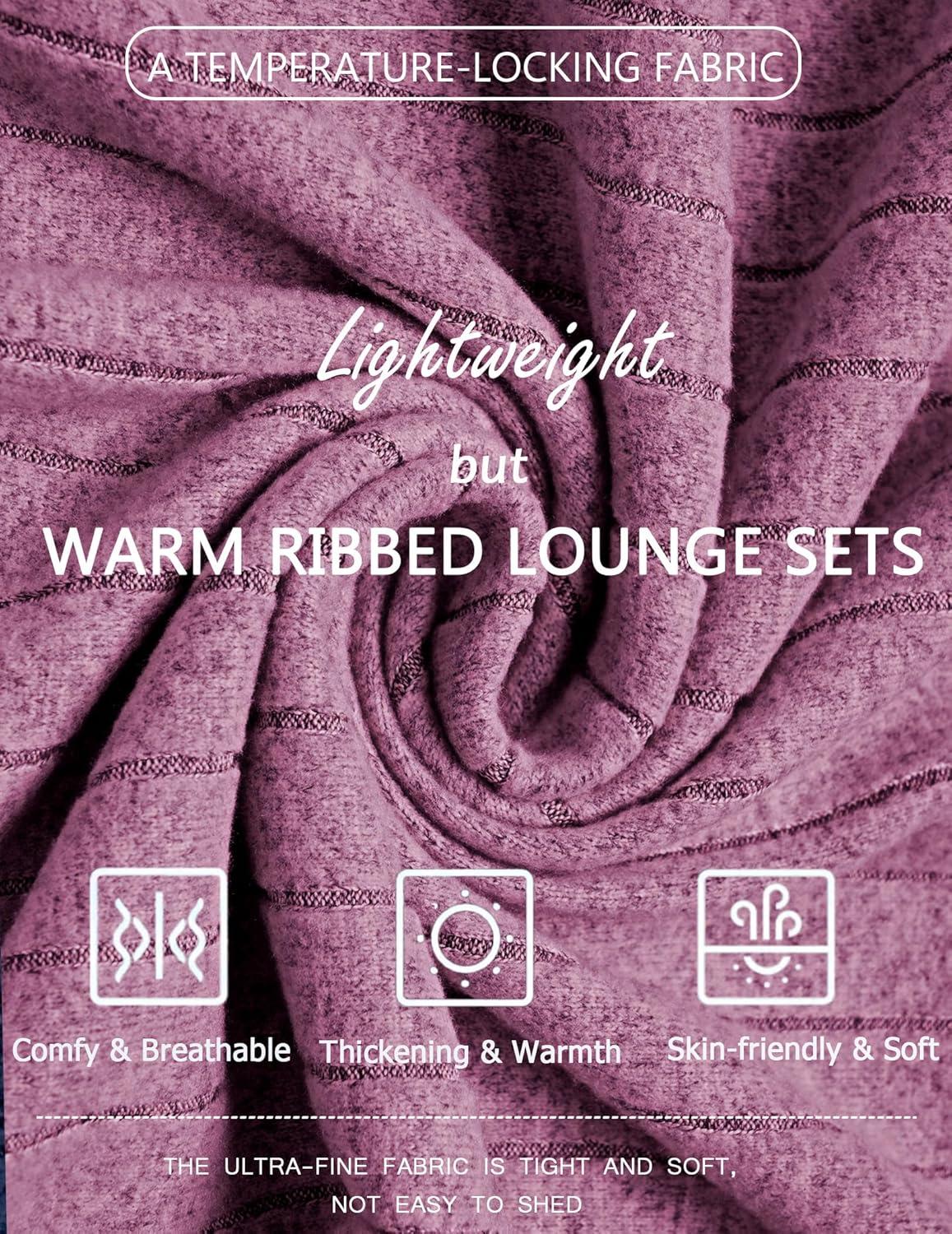 imageEkouaer Womens Pajamas Set 2 Piece Lounge Sets Ribbed Knit Button Down Pjs Set Fleece Long Sleeve SleepwearDusty Rose