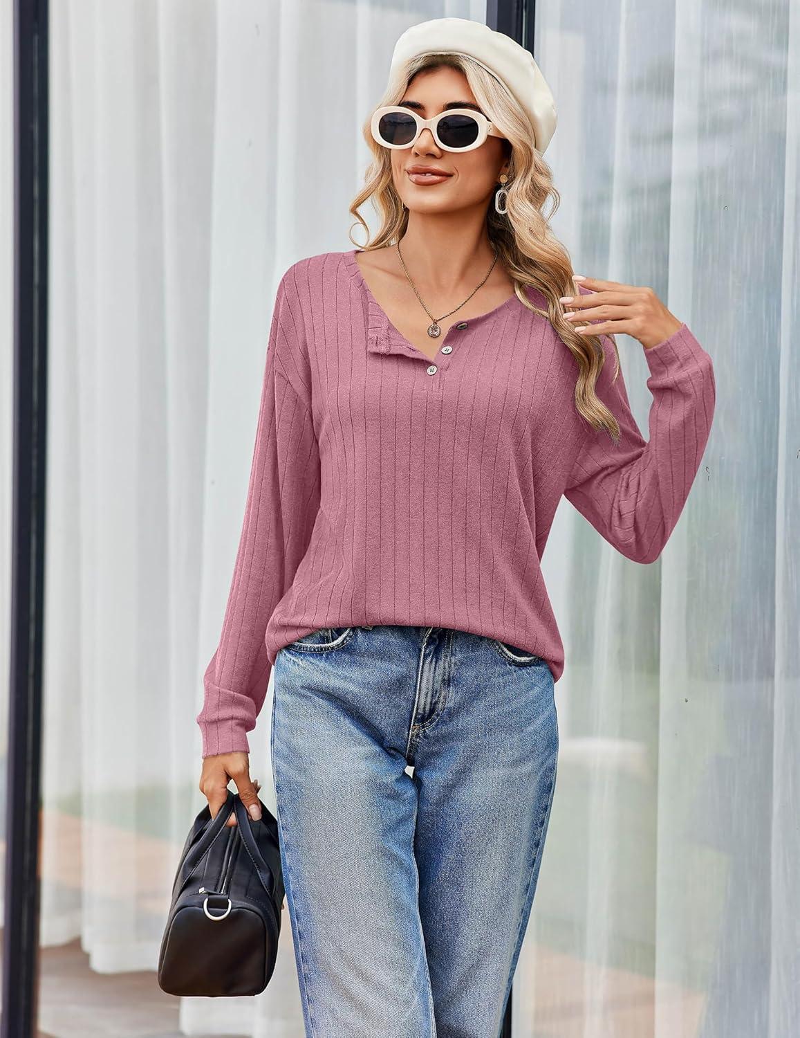 imageEkouaer Womens Pajamas Set 2 Piece Lounge Sets Ribbed Knit Button Down Pjs Set Fleece Long Sleeve SleepwearDusty Rose