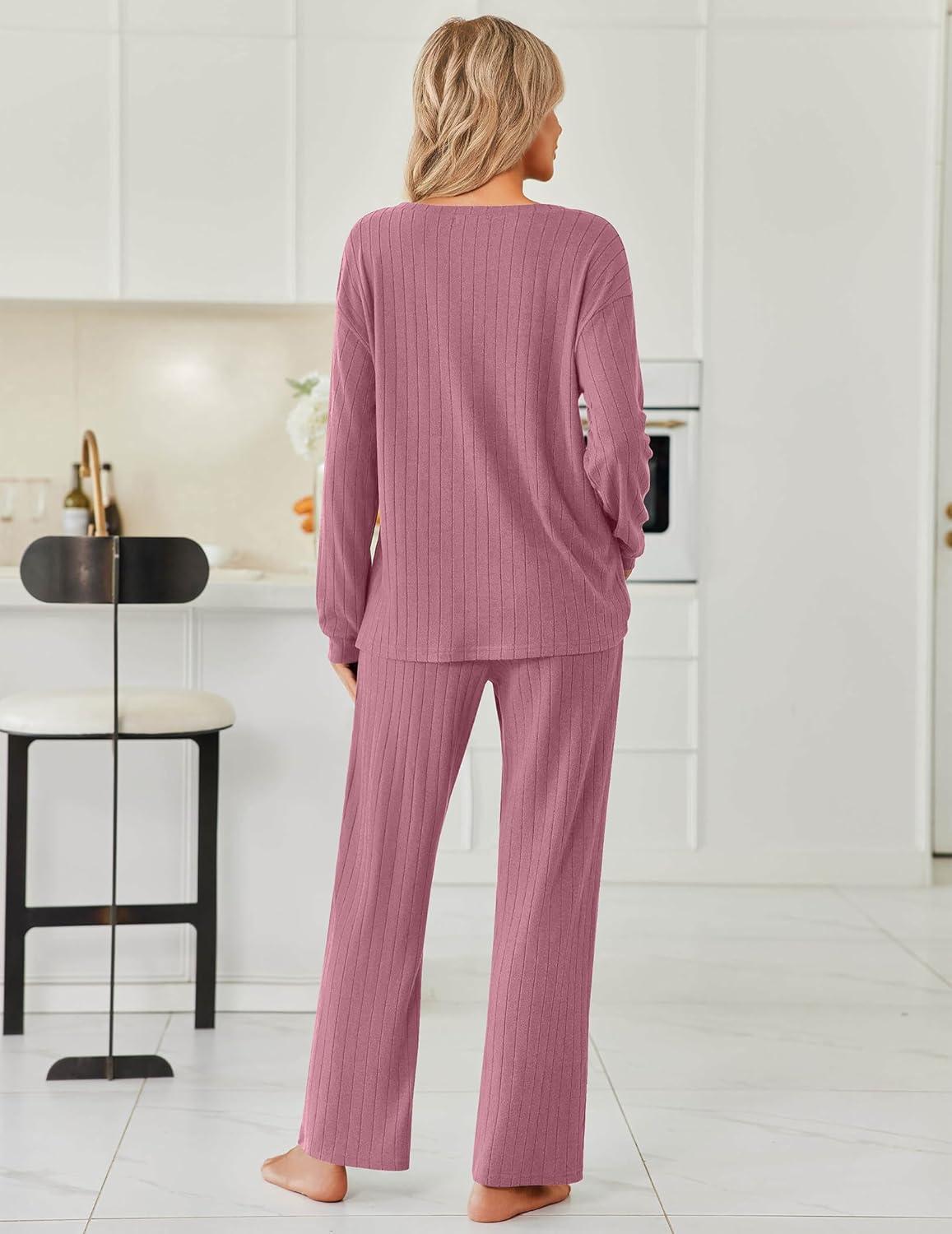 imageEkouaer Womens Pajamas Set 2 Piece Lounge Sets Ribbed Knit Button Down Pjs Set Fleece Long Sleeve SleepwearDusty Rose