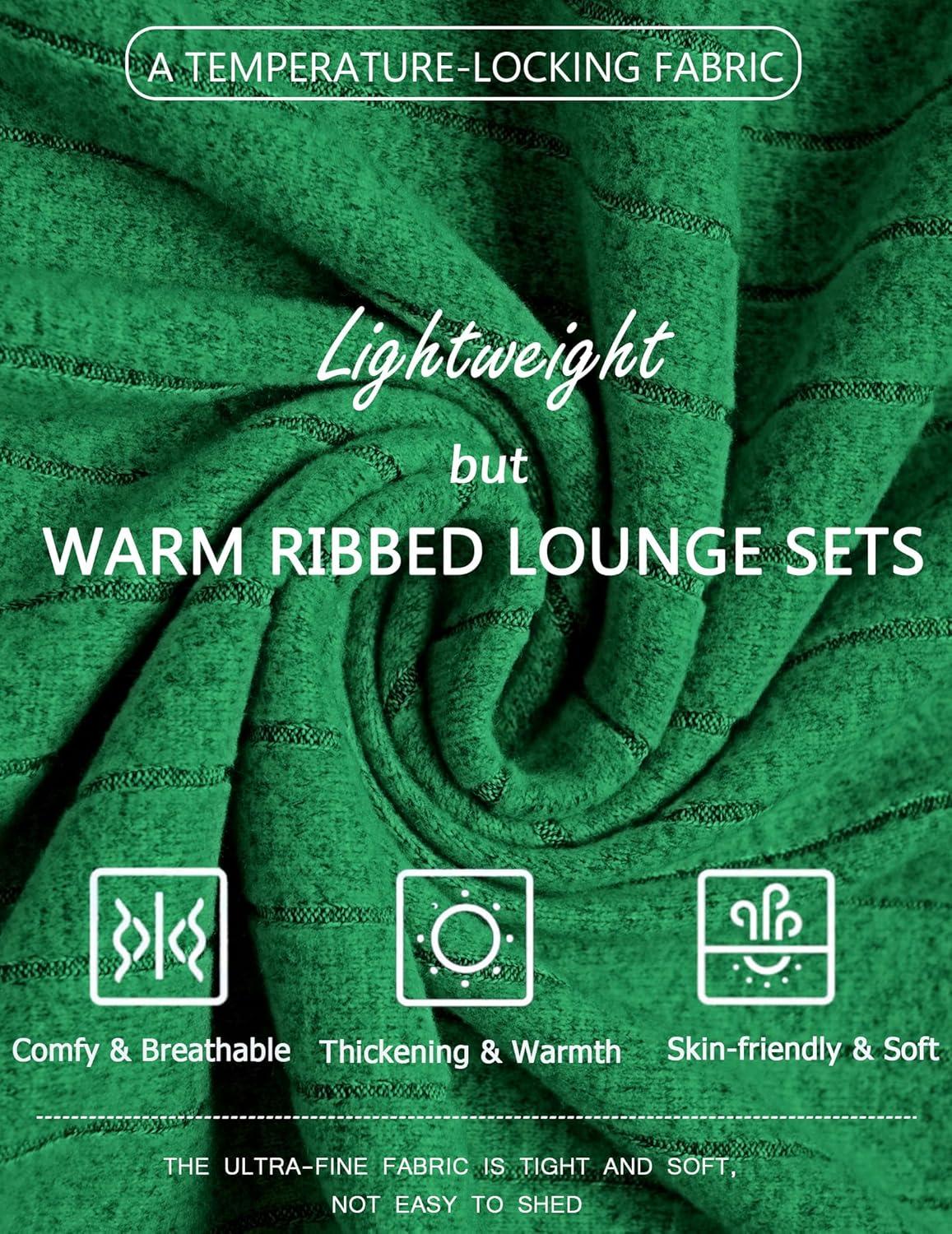 imageEkouaer Womens Pajamas Set 2 Piece Lounge Sets Ribbed Knit Button Down Pjs Set Fleece Long Sleeve SleepwearForest Green