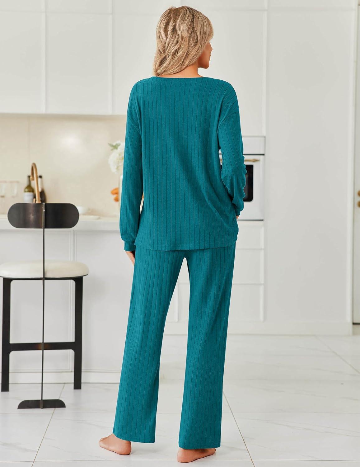 imageEkouaer Womens Pajamas Set 2 Piece Lounge Sets Ribbed Knit Button Down Pjs Set Fleece Long Sleeve SleepwearGreen