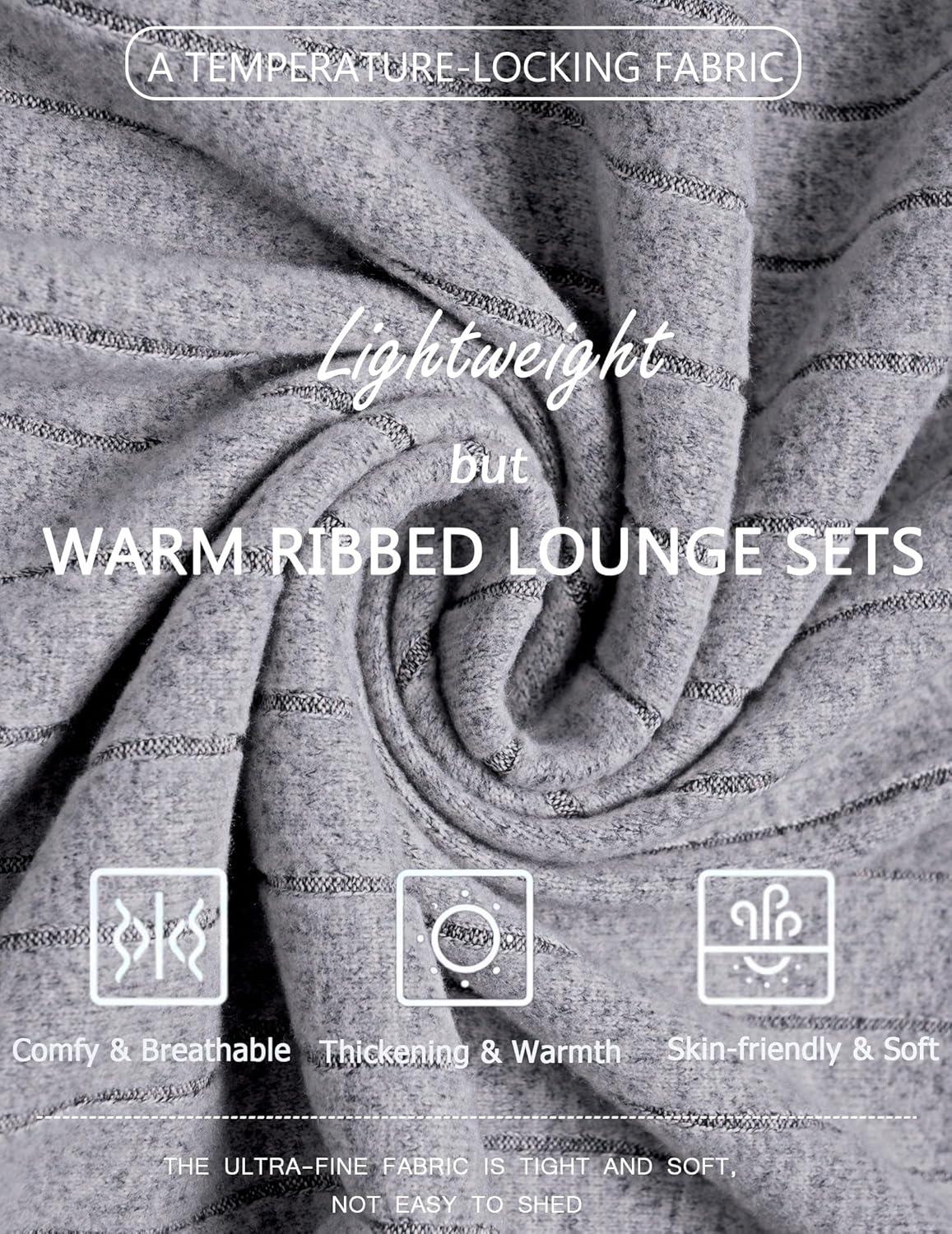 imageEkouaer Womens Pajamas Set 2 Piece Lounge Sets Ribbed Knit Button Down Pjs Set Fleece Long Sleeve SleepwearHeather Gray