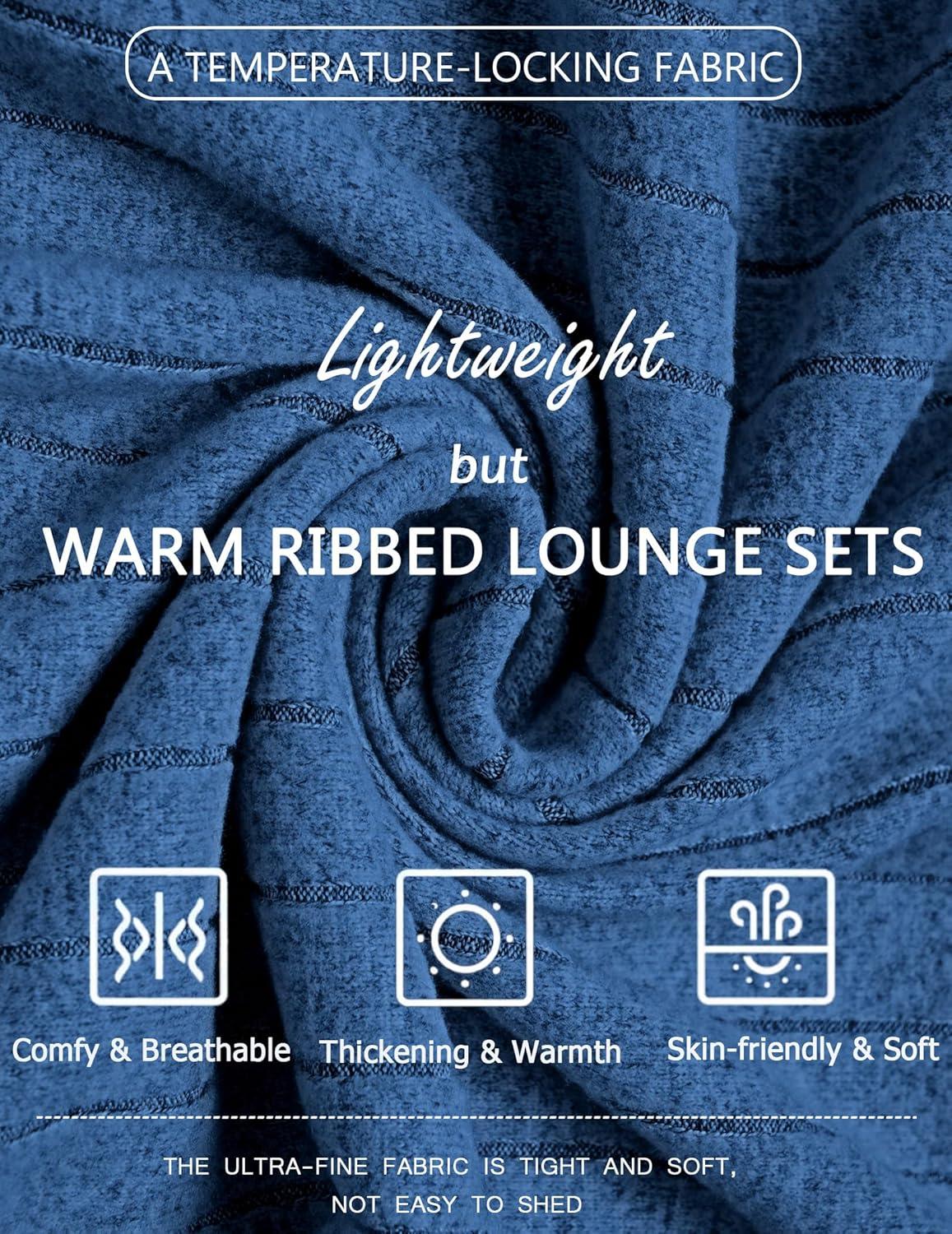 imageEkouaer Womens Pajamas Set 2 Piece Lounge Sets Ribbed Knit Button Down Pjs Set Fleece Long Sleeve SleepwearRoyal Blue