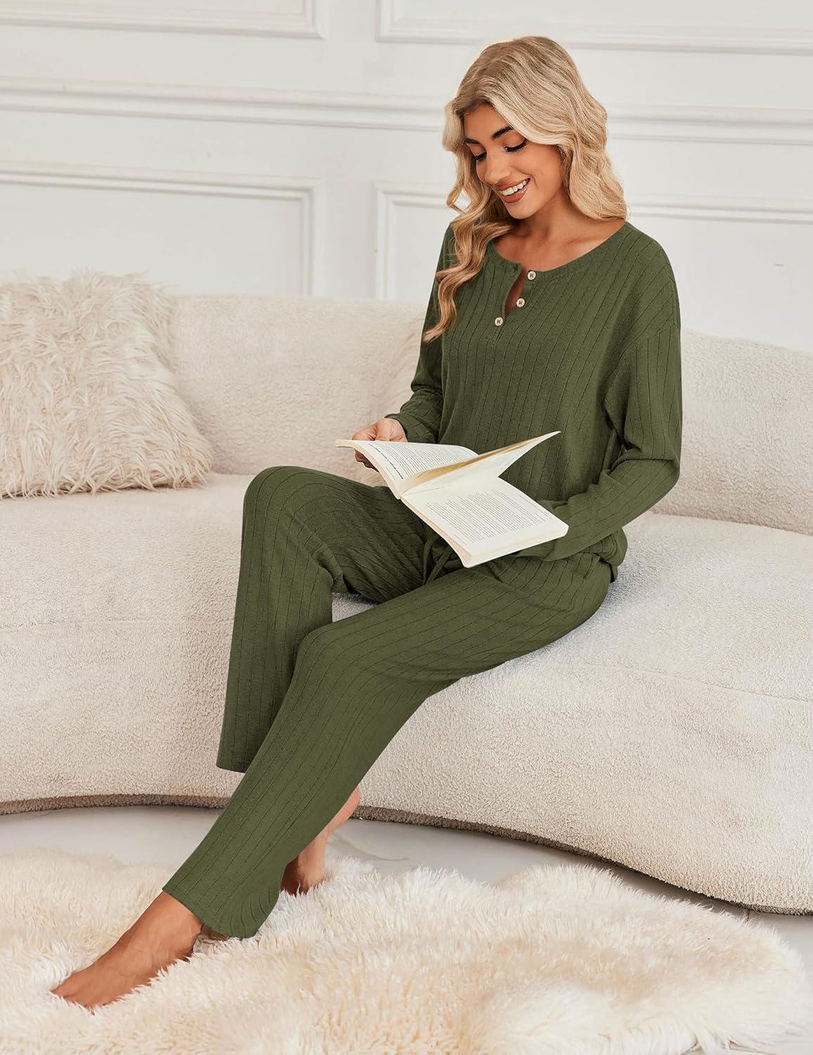 imageEkouaer Womens Pajamas Set 2 Piece Lounge Sets Ribbed Knit Button Down Pjs Set Fleece Long Sleeve SleepwearSage Green