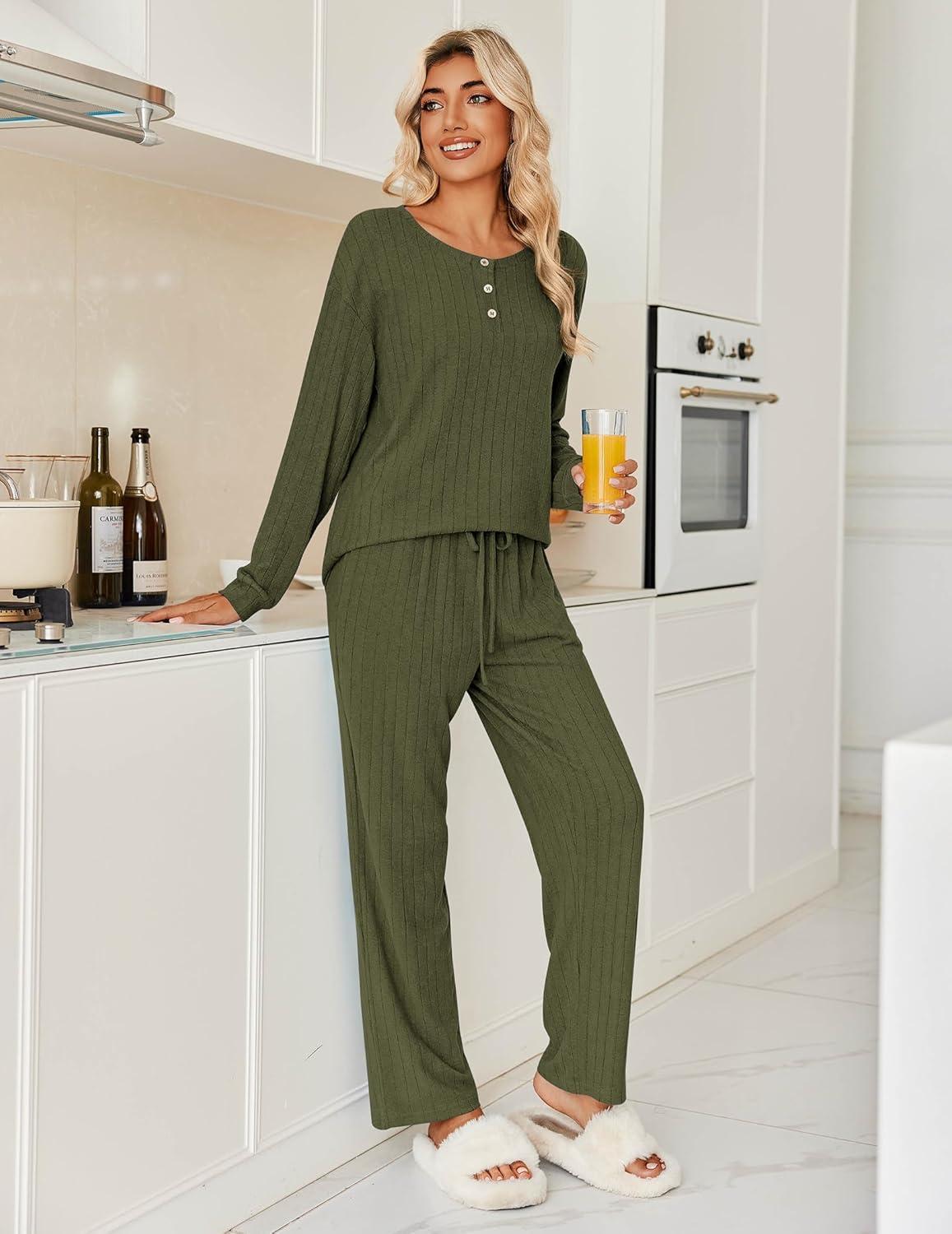 imageEkouaer Womens Pajamas Set 2 Piece Lounge Sets Ribbed Knit Button Down Pjs Set Fleece Long Sleeve SleepwearSage Green