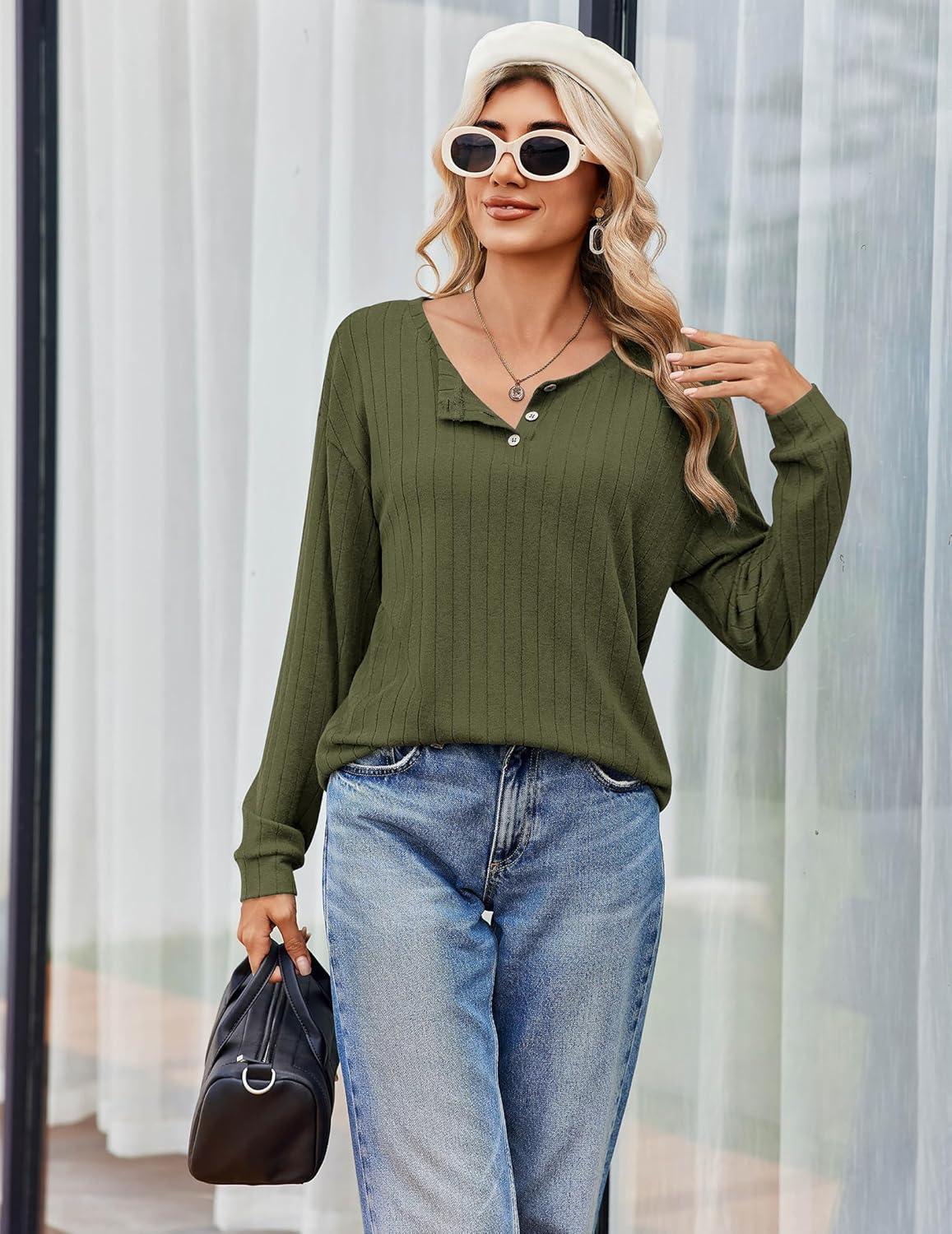 imageEkouaer Womens Pajamas Set 2 Piece Lounge Sets Ribbed Knit Button Down Pjs Set Fleece Long Sleeve SleepwearSage Green