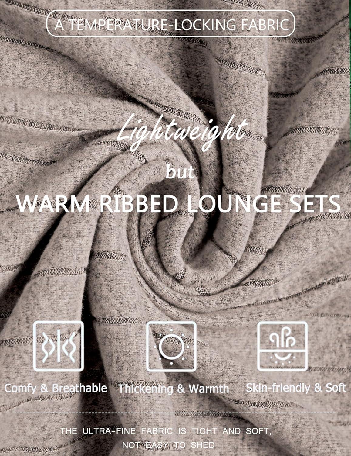 imageEkouaer Womens Pajamas Set 2 Piece Lounge Sets Ribbed Knit Button Down Pjs Set Fleece Long Sleeve SleepwearTaupe Gray