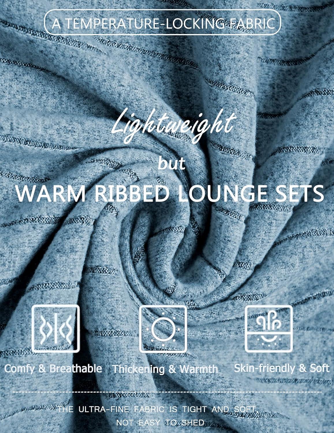 imageEkouaer Womens Pajamas Set 2 Piece Lounge Sets Ribbed Knit Button Down Pjs Set Fleece Long Sleeve SleepwearTeal Blue