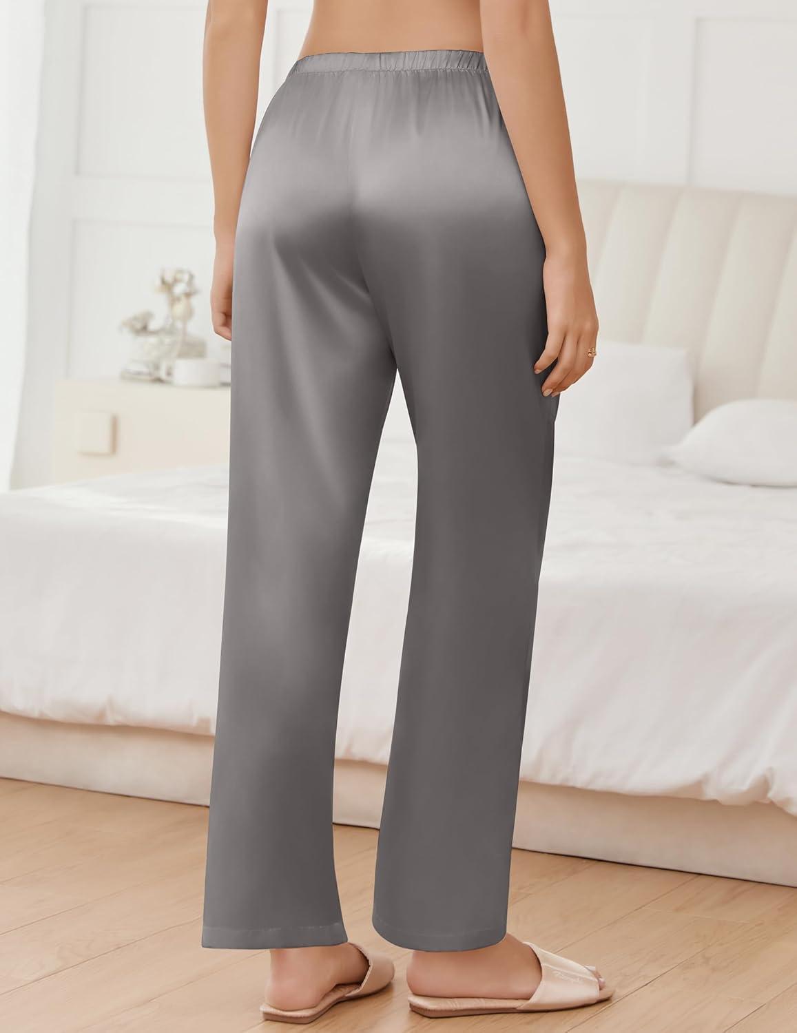 imageEkouaer Womens Silk Satin Pajama Pants Comfy Pj Pants for Women Elastic Waist Ladies Sleep Bottoms with Side PocketsDark Gray