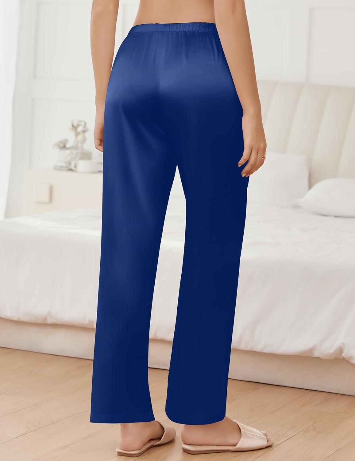 imageEkouaer Womens Silk Satin Pajama Pants Comfy Pj Pants for Women Elastic Waist Ladies Sleep Bottoms with Side PocketsNavy Blue