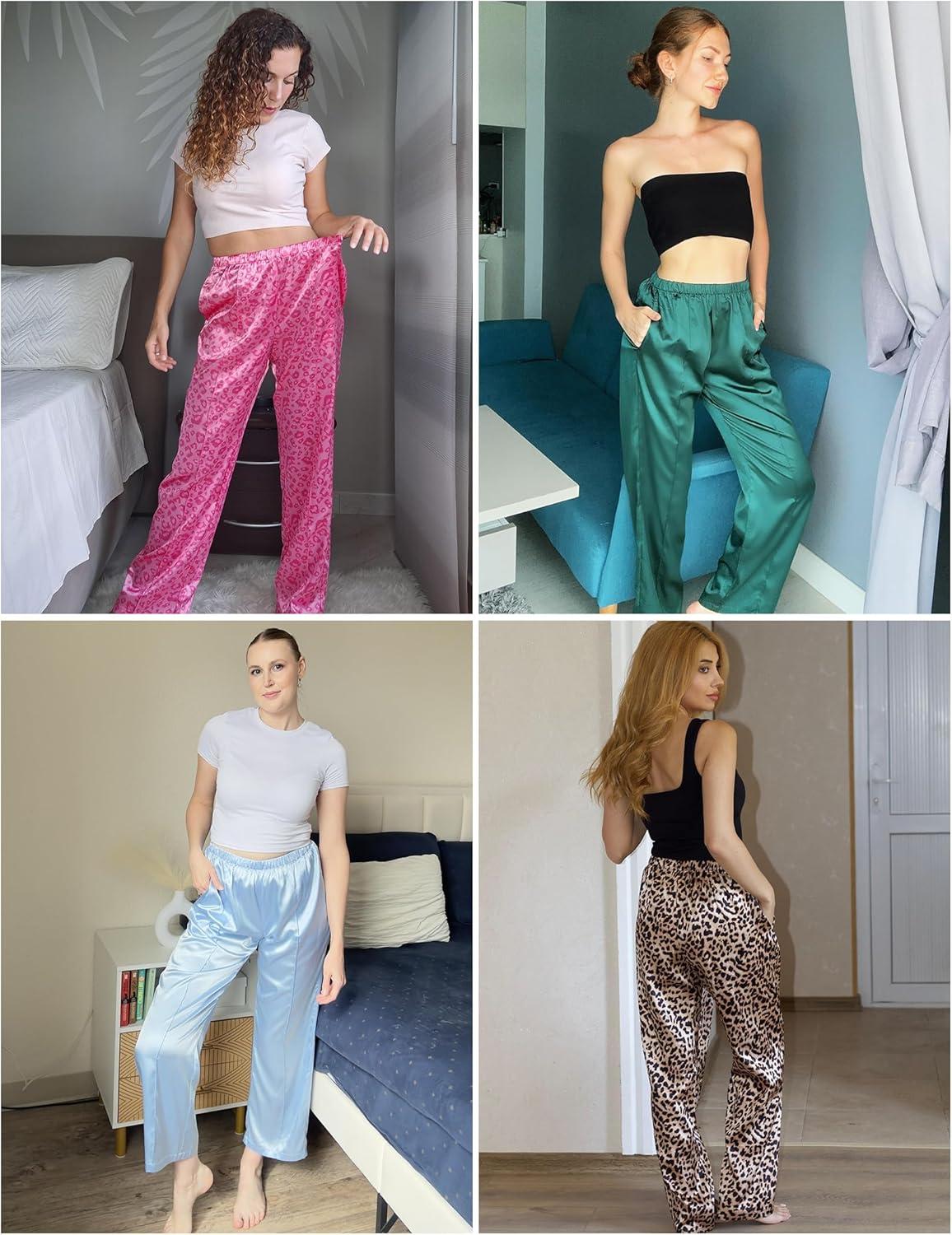 imageEkouaer Womens Silk Satin Pajama Pants Comfy Pj Pants for Women Elastic Waist Ladies Sleep Bottoms with Side PocketsPink Leopard