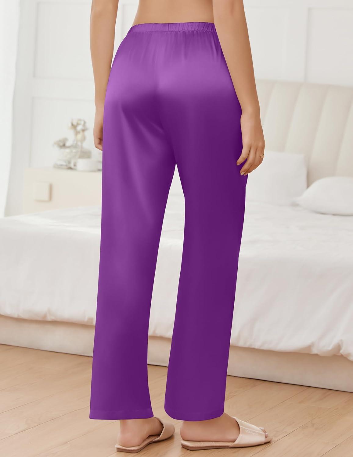 imageEkouaer Womens Silk Satin Pajama Pants Comfy Pj Pants for Women Elastic Waist Ladies Sleep Bottoms with Side PocketsPurple