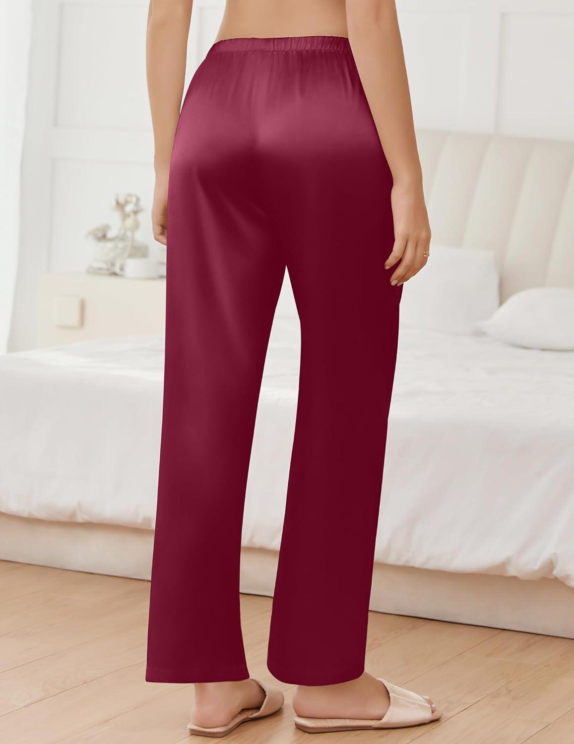 imageEkouaer Womens Silk Satin Pajama Pants Comfy Pj Pants for Women Elastic Waist Ladies Sleep Bottoms with Side PocketsWine Red
