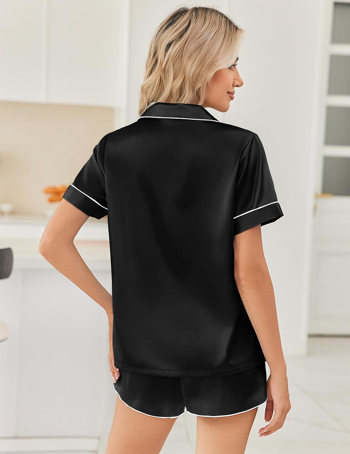 imageEkouaer Womens Silk Satin Pajama Sets 2 Piece Button Down Silk Pjs Shorts Sets Short Sleeve Loungewear Soft Sleepwear SXXLBlack