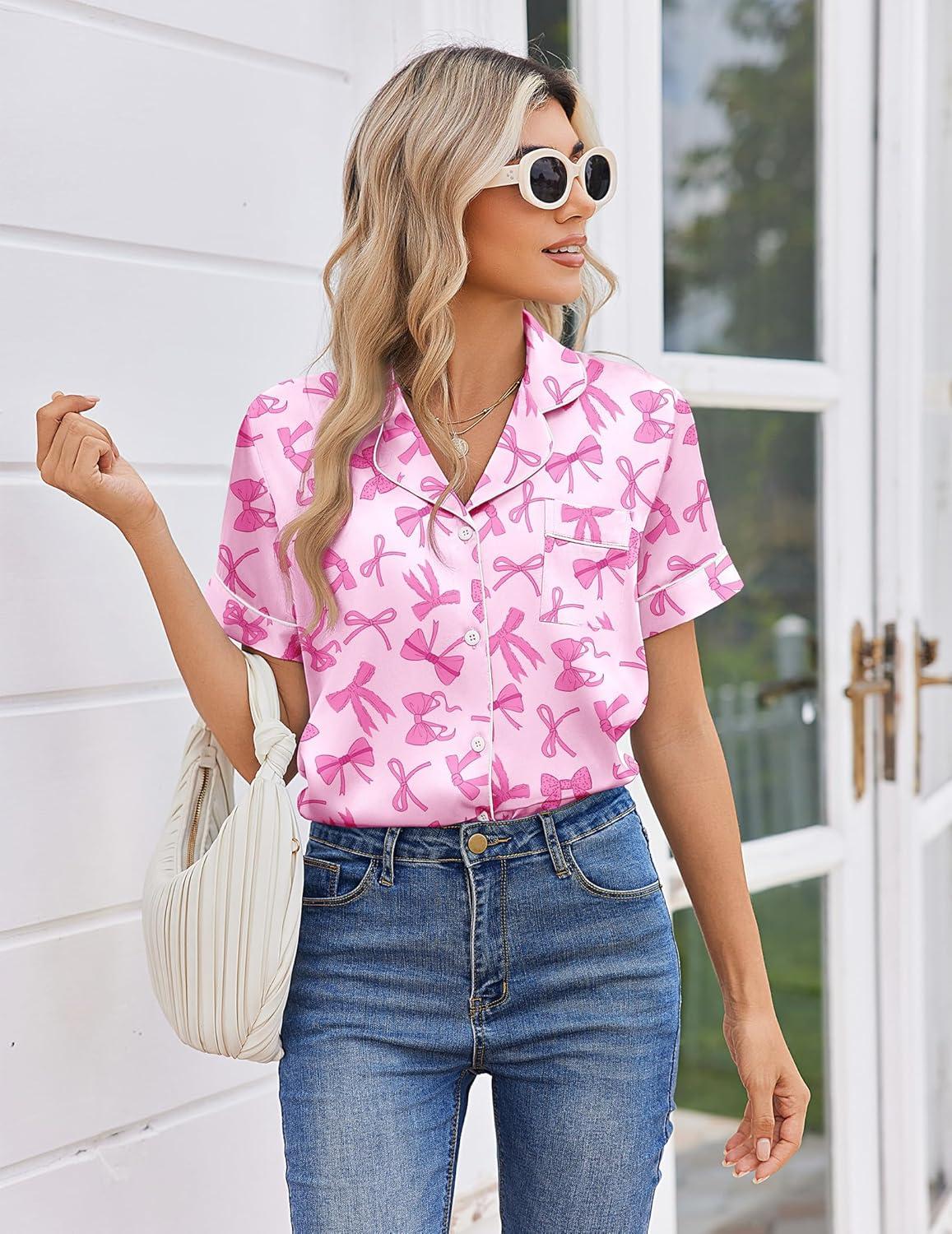 imageEkouaer Womens Silk Satin Pajama Sets 2 Piece Button Down Silk Pjs Shorts Sets Short Sleeve Loungewear Soft Sleepwear SXXLBow Print