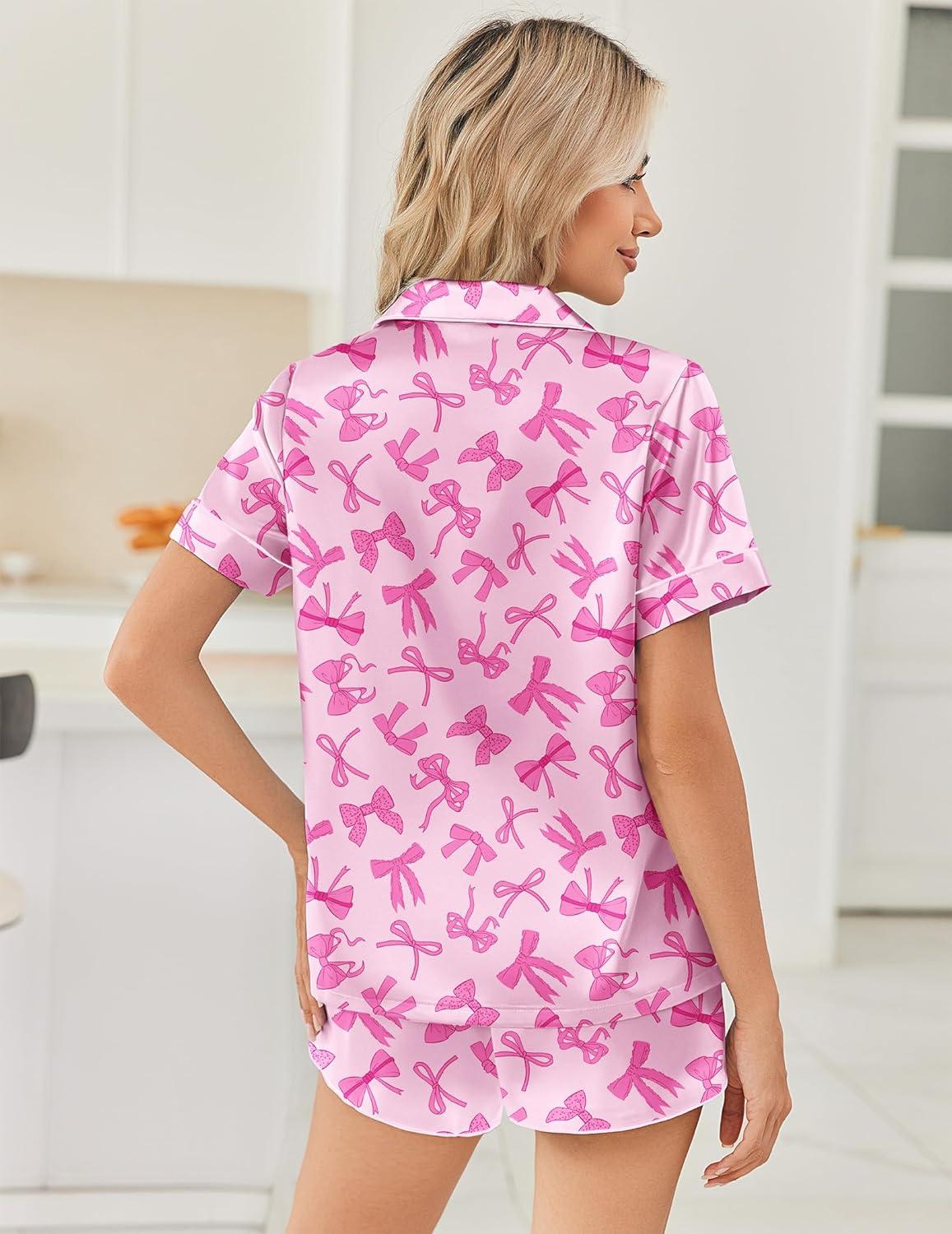 imageEkouaer Womens Silk Satin Pajama Sets 2 Piece Button Down Silk Pjs Shorts Sets Short Sleeve Loungewear Soft Sleepwear SXXLBow Print