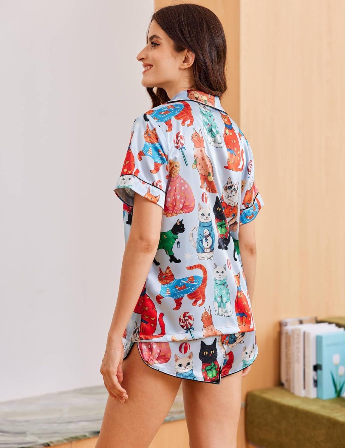 imageEkouaer Womens Silk Satin Pajama Sets 2 Piece Button Down Silk Pjs Shorts Sets Short Sleeve Loungewear Soft Sleepwear SXXLCat Print