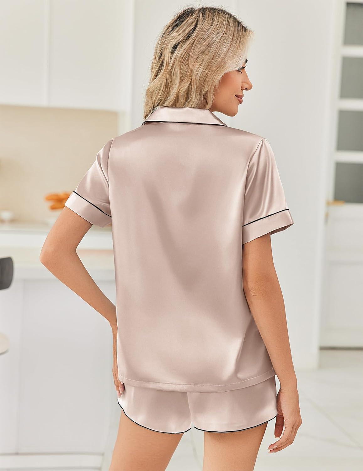 imageEkouaer Womens Silk Satin Pajama Sets 2 Piece Button Down Silk Pjs Shorts Sets Short Sleeve Loungewear Soft Sleepwear SXXLChampagne