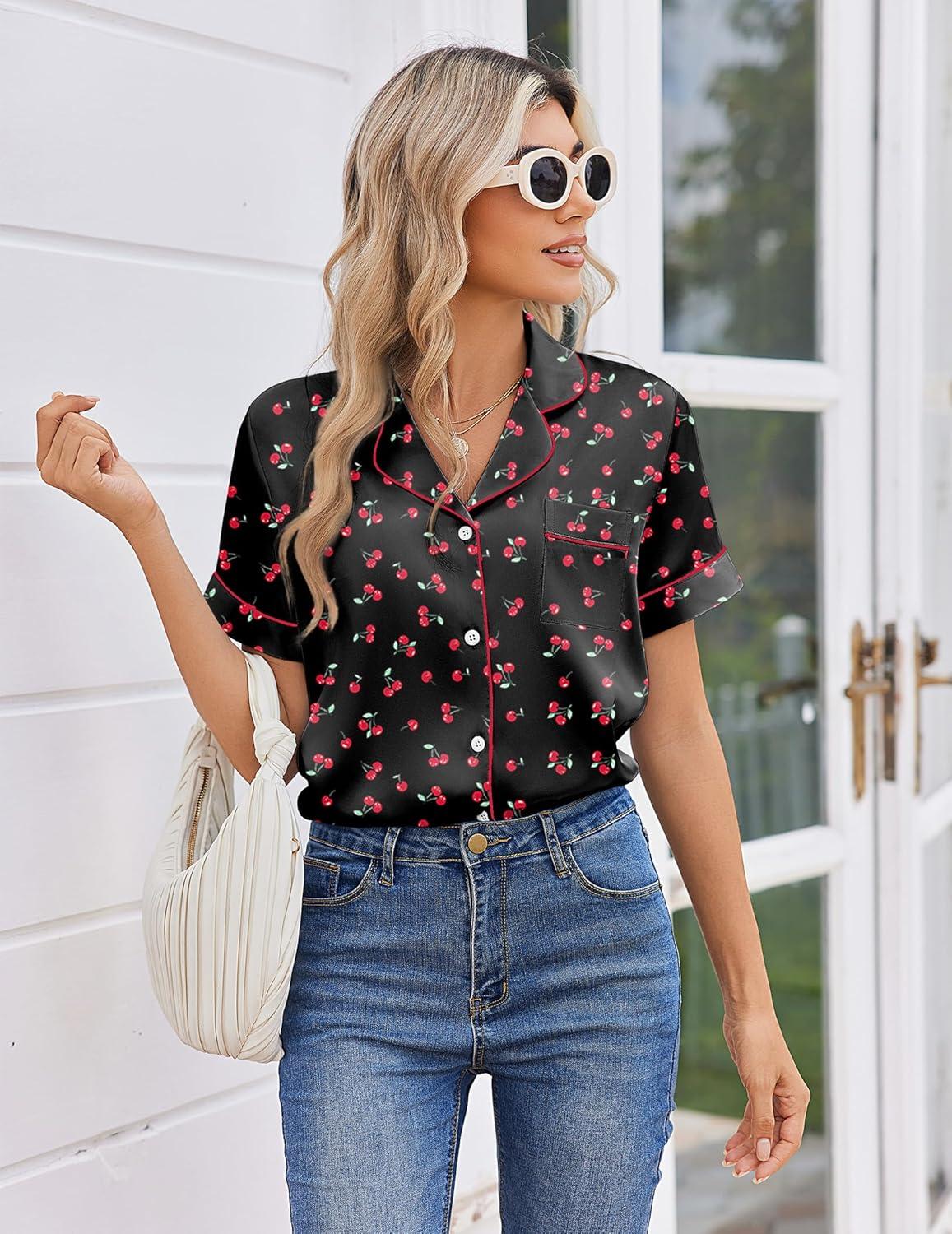 imageEkouaer Womens Silk Satin Pajama Sets 2 Piece Button Down Silk Pjs Shorts Sets Short Sleeve Loungewear Soft Sleepwear SXXLCherry Print