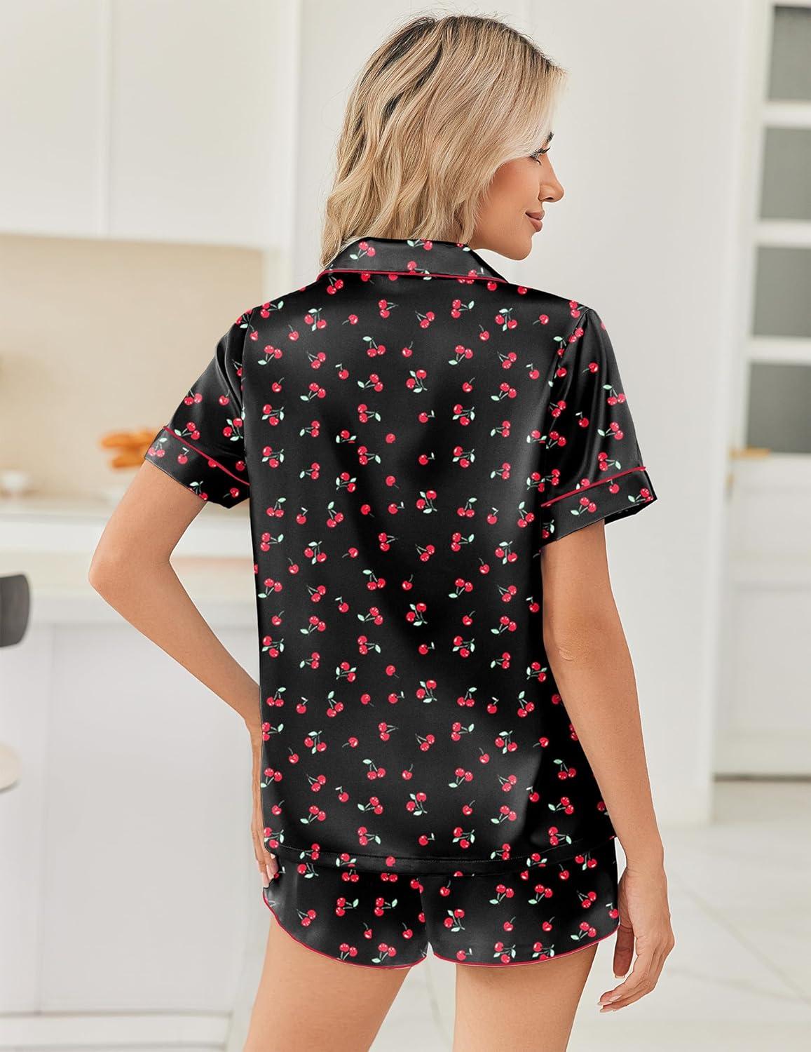 imageEkouaer Womens Silk Satin Pajama Sets 2 Piece Button Down Silk Pjs Shorts Sets Short Sleeve Loungewear Soft Sleepwear SXXLCherry Print