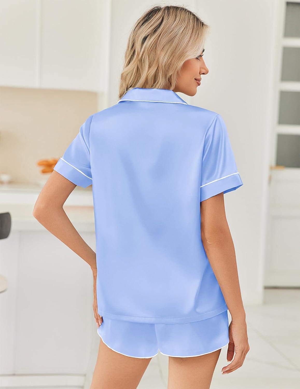 imageEkouaer Womens Silk Satin Pajama Sets 2 Piece Button Down Silk Pjs Shorts Sets Short Sleeve Loungewear Soft Sleepwear SXXLLight Blue