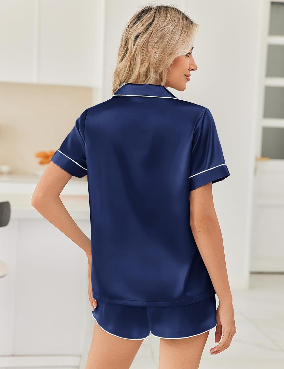 imageEkouaer Womens Silk Satin Pajama Sets 2 Piece Button Down Silk Pjs Shorts Sets Short Sleeve Loungewear Soft Sleepwear SXXLNavy Blue