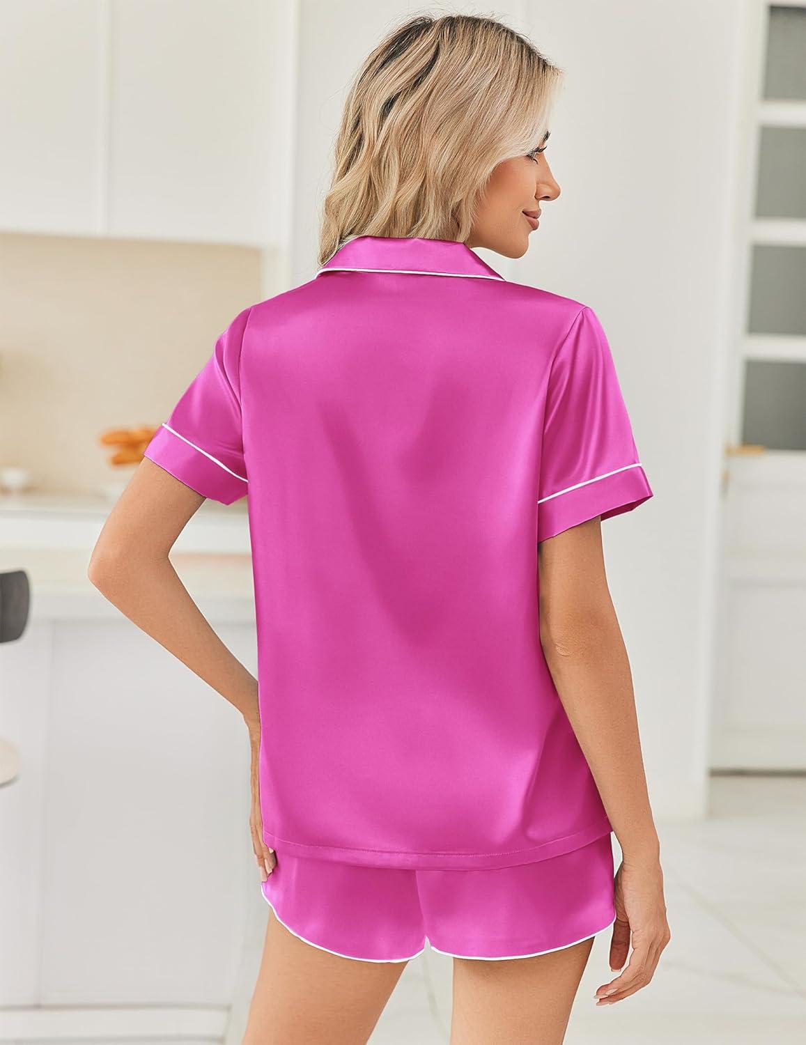 imageEkouaer Womens Silk Satin Pajama Sets 2 Piece Button Down Silk Pjs Shorts Sets Short Sleeve Loungewear Soft Sleepwear SXXLRose Red