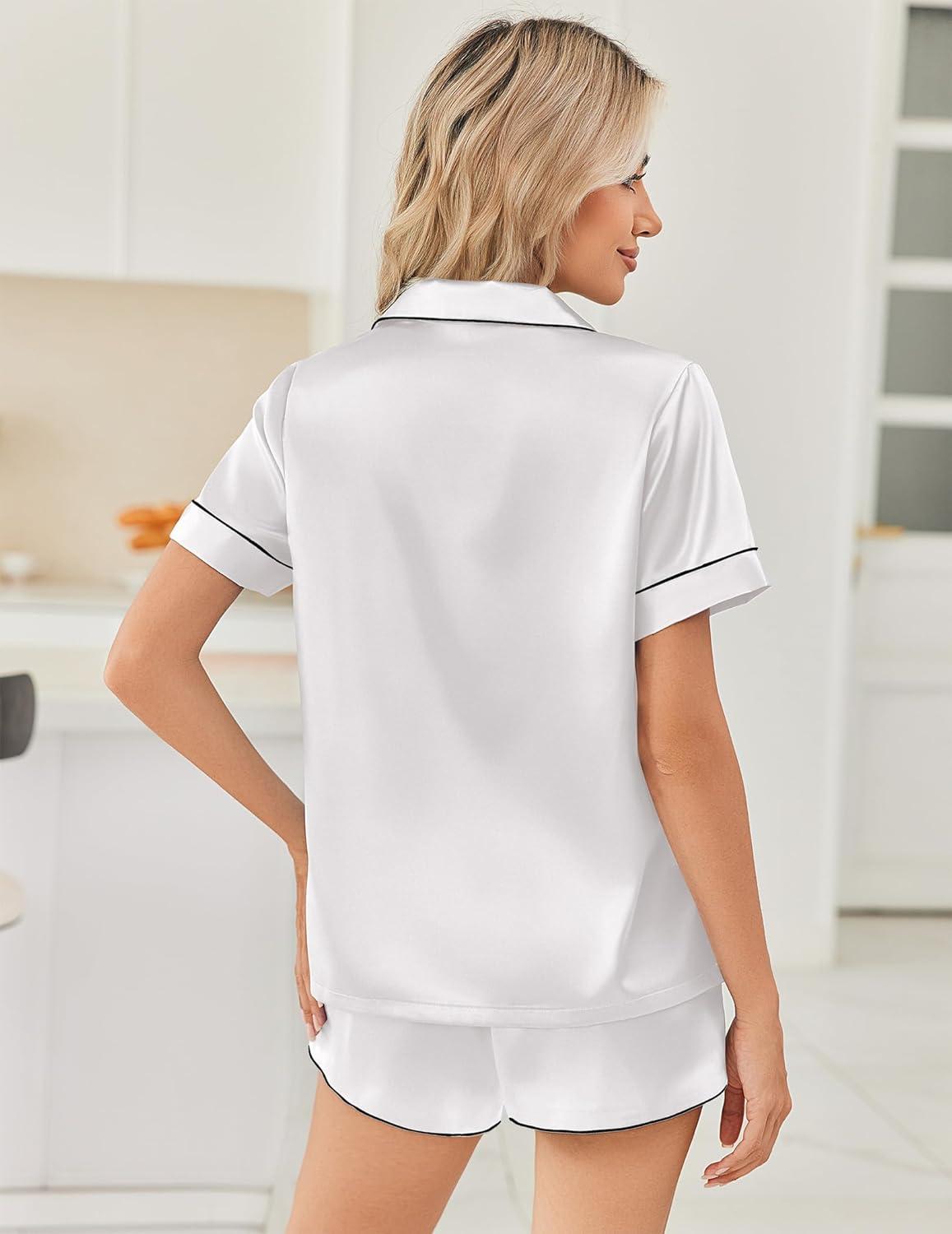 imageEkouaer Womens Silk Satin Pajama Sets 2 Piece Button Down Silk Pjs Shorts Sets Short Sleeve Loungewear Soft Sleepwear SXXLWhite