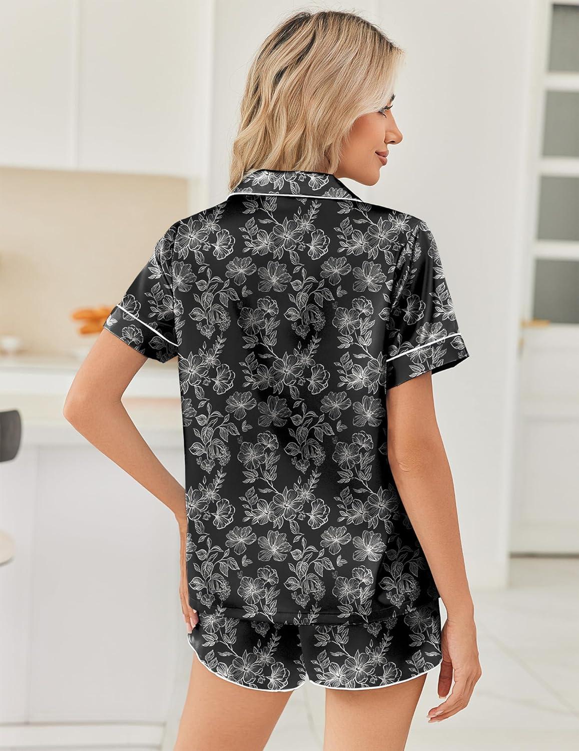 imageEkouaer Womens Silk Satin Pajama Sets 2 Piece Button Down Silk Pjs Shorts Sets Short Sleeve Loungewear Soft Sleepwear SXXLWhite Flower Print