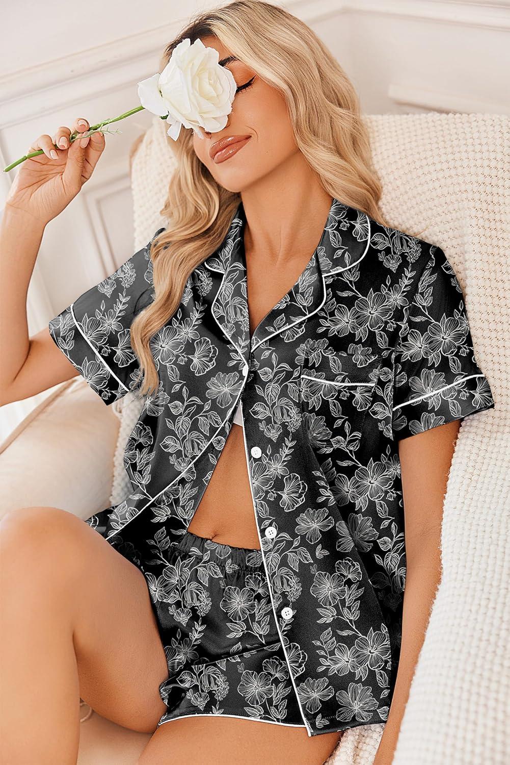 imageEkouaer Womens Silk Satin Pajama Sets 2 Piece Button Down Silk Pjs Shorts Sets Short Sleeve Loungewear Soft Sleepwear SXXLWhite Flower Print