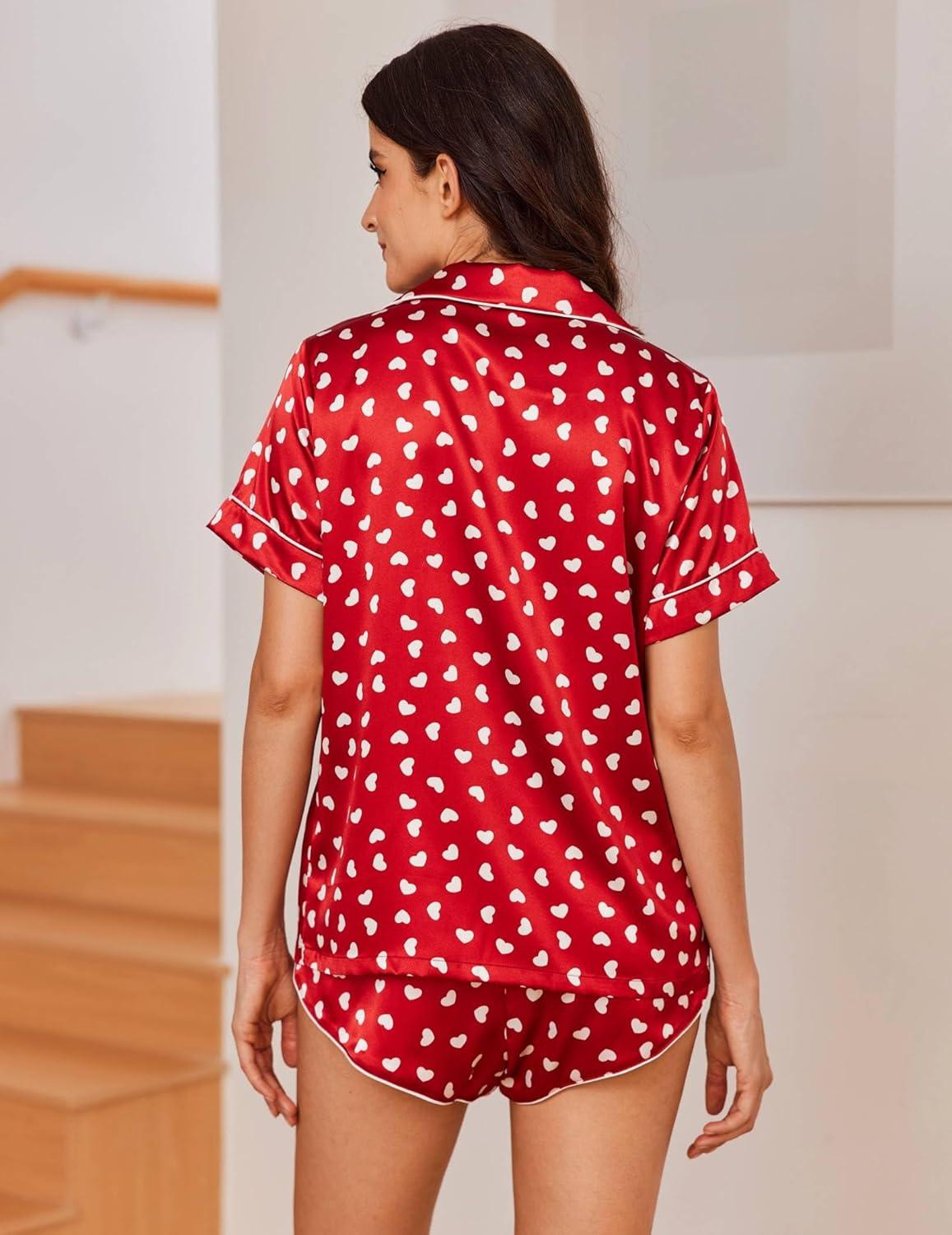 imageEkouaer Womens Silk Satin Pajama Sets 2 Piece Button Down Silk Pjs Shorts Sets Short Sleeve Loungewear Soft Sleepwear SXXLWhite Heart Print