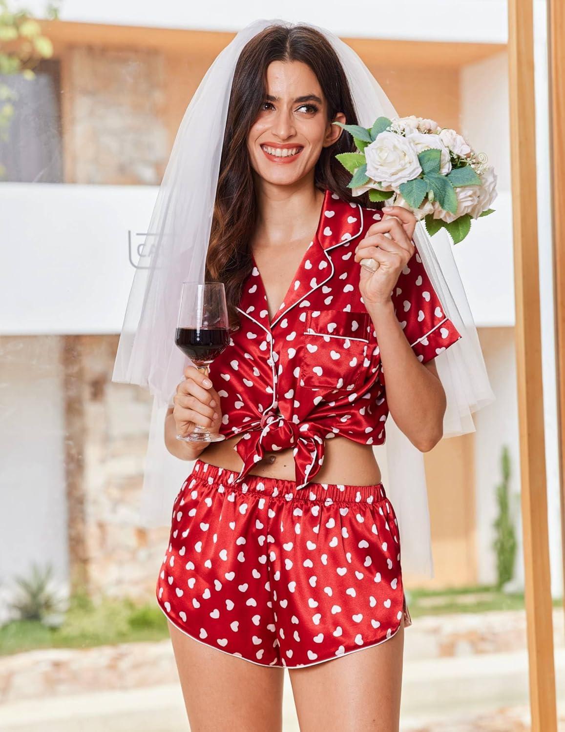 imageEkouaer Womens Silk Satin Pajama Sets 2 Piece Button Down Silk Pjs Shorts Sets Short Sleeve Loungewear Soft Sleepwear SXXLWhite Heart Print