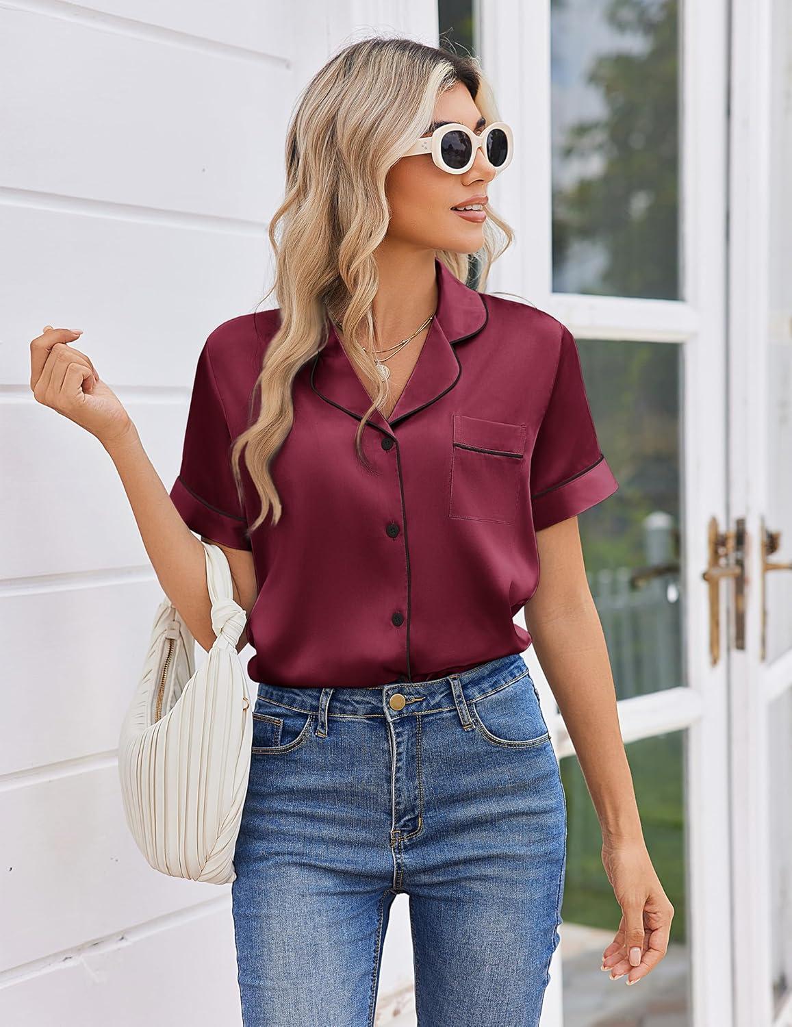 imageEkouaer Womens Silk Satin Pajama Sets 2 Piece Button Down Silk Pjs Shorts Sets Short Sleeve Loungewear Soft Sleepwear SXXLWine Red