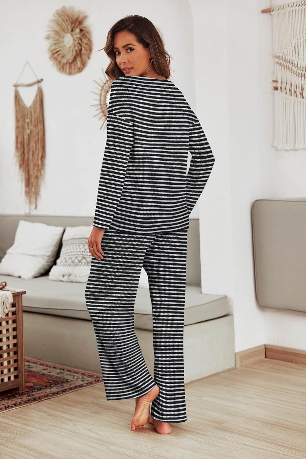 imageEkouaer Womens Waffle Knit Pajama Sets Comfy Long Sleeve Lounge Sets 2 Piece Matching Pj Sets with PocketsBlack and White Stripes