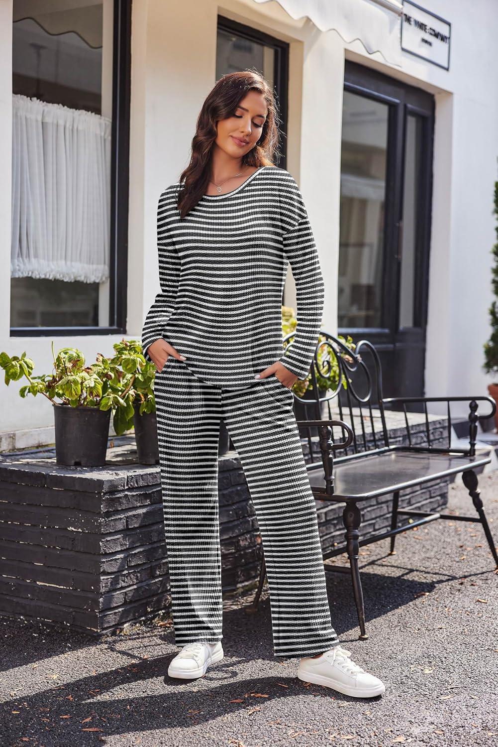 imageEkouaer Womens Waffle Knit Pajama Sets Comfy Long Sleeve Lounge Sets 2 Piece Matching Pj Sets with PocketsBlack and White Stripes