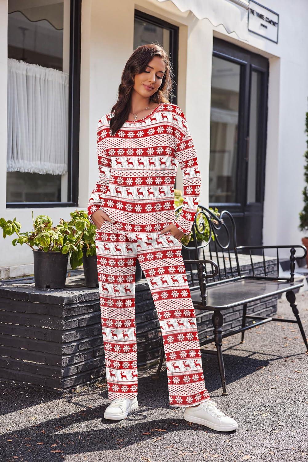 imageEkouaer Womens Waffle Knit Pajama Sets Comfy Long Sleeve Lounge Sets 2 Piece Matching Pj Sets with PocketsChristmas Snowflake Deer