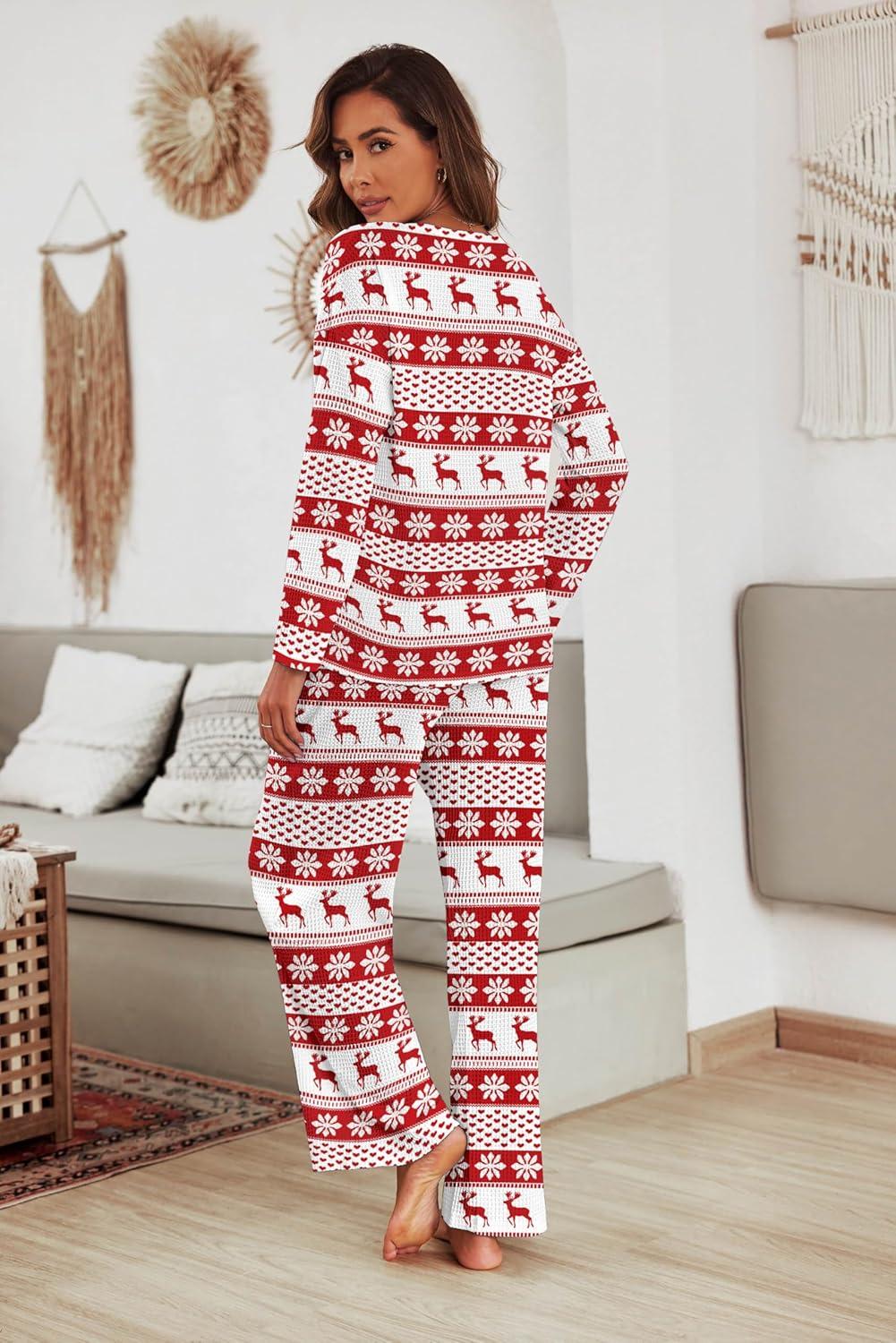 imageEkouaer Womens Waffle Knit Pajama Sets Comfy Long Sleeve Lounge Sets 2 Piece Matching Pj Sets with PocketsChristmas Snowflake Deer