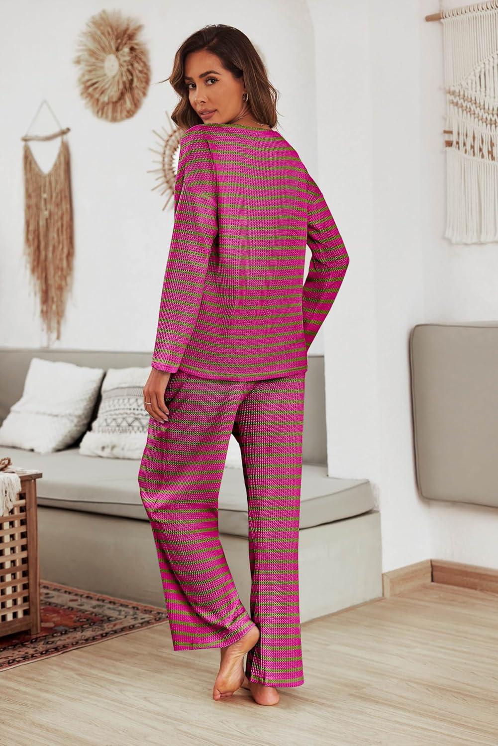 imageEkouaer Womens Waffle Knit Pajama Sets Comfy Long Sleeve Lounge Sets 2 Piece Matching Pj Sets with PocketsPink and Green Stripes